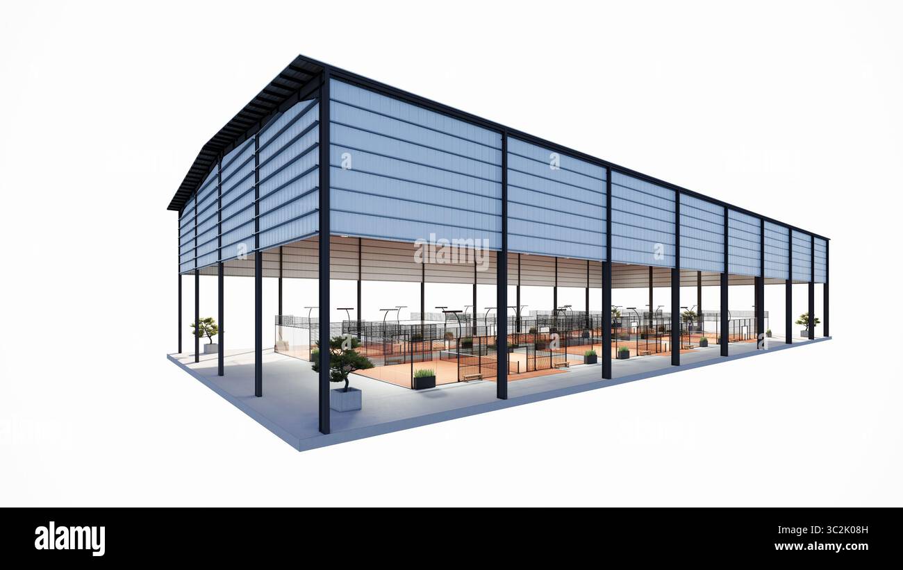 Padel-Tennisplätze mit isometrischem Blick in einem Metallgebäude in Terrakottafarbe Stockfoto
