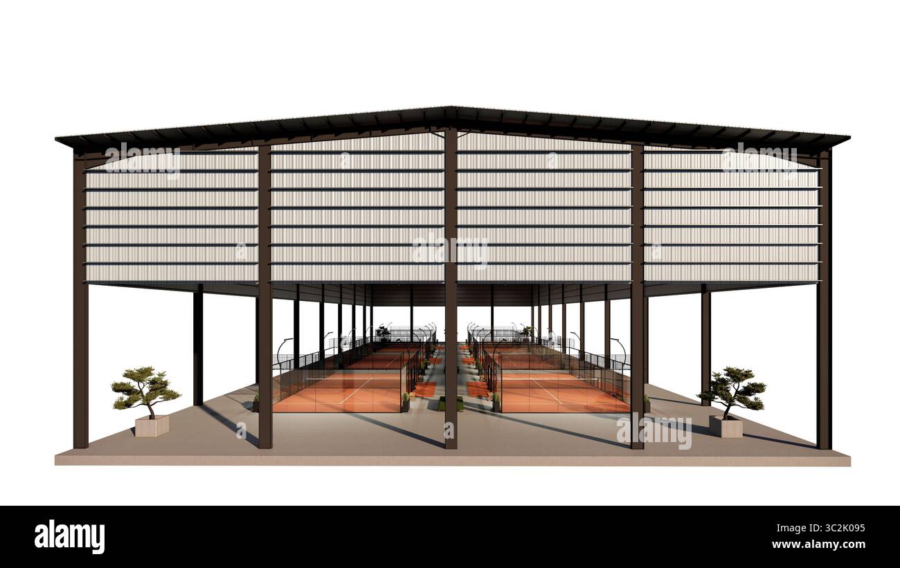 Padel-Tennisplätze in einem Metallgebäude in Terrakottafarben Stockfoto