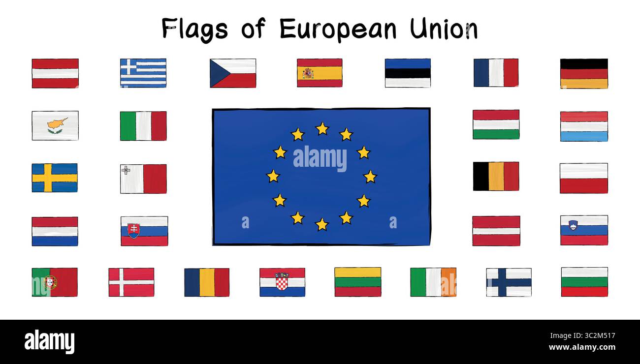 Handgezeichneter Vektorsatz mit 27 EU-Länderflaggen. Umrissstil auf weißem Hintergrund. Ideal für Banner, Bildungsposter, Infografiken, Poster Stock Vektor
