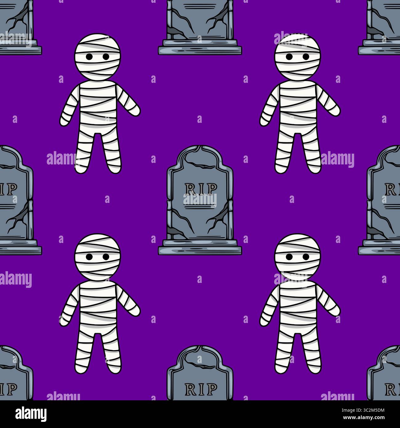 Nahtloses Vektormuster mit niedlichen Cartoon-Mumien und zerrissenen Grabsteinen auf einem leuchtenden lila Hintergrund, ideal für Halloween-Motive. Stock Vektor