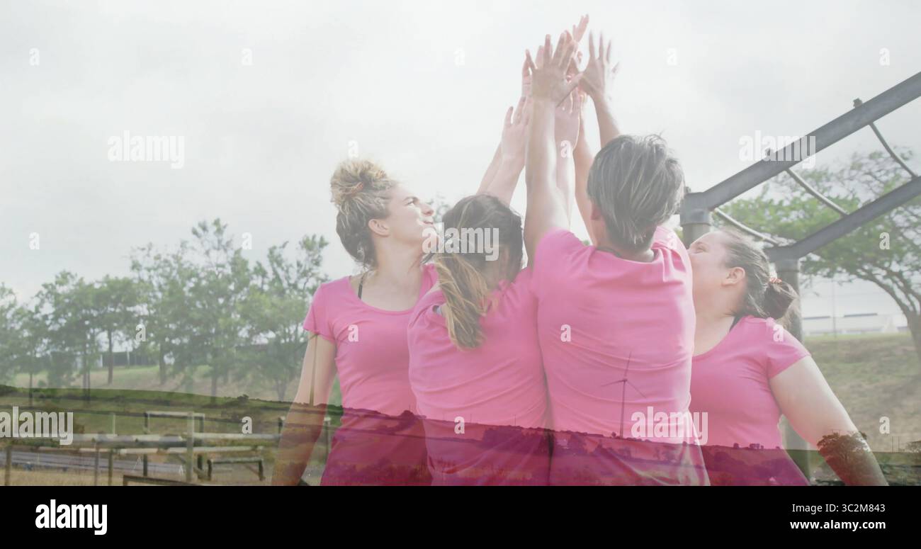 Sechs Frauen in rosafarbener Sportart tragen High-Fiving im grasbewachsenen Park, mit Trainingsrahmen. Fitness, Kameradschaft, Outdoor, Teamwork, Vitalität, Na ja Stockfoto