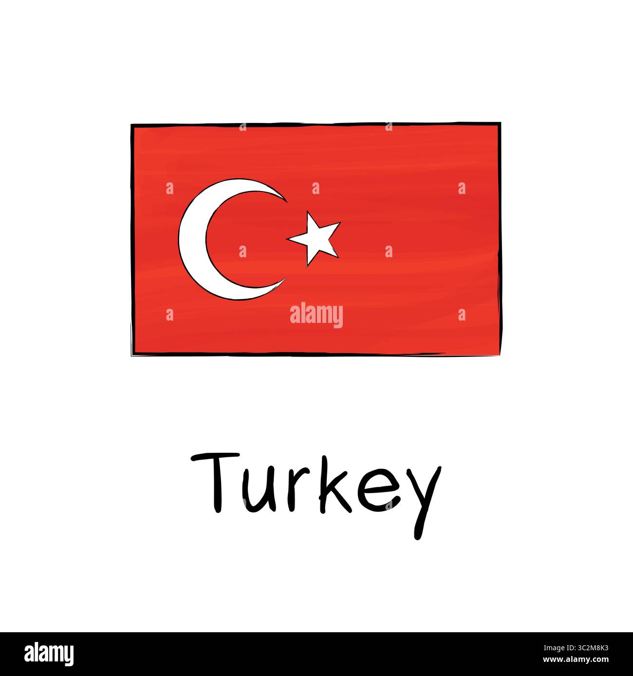 Flagge der Türkei mit Umriss und Unterschrift auf weißem Hintergrund. Handgezeichnete Vektorillustration im Skizzenstil. Isoliertes Bild, perfekt für Poster, Stock Vektor