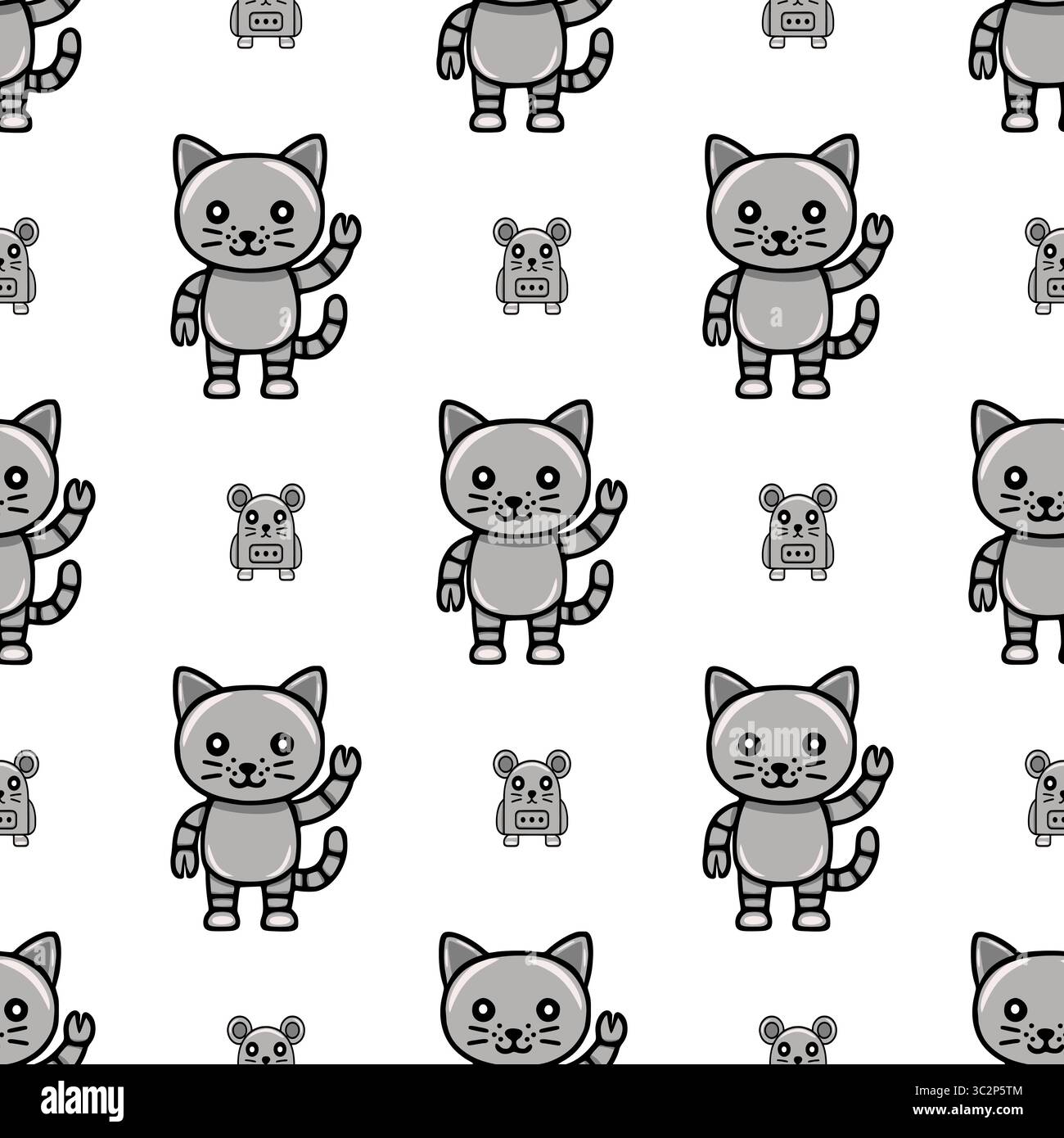 Nahtloses Vektormuster mit niedlichen Roboterkatzen und -Mäusen in Graustufen, perfekt für Kinderprodukte oder verspielte Designs. Stock Vektor