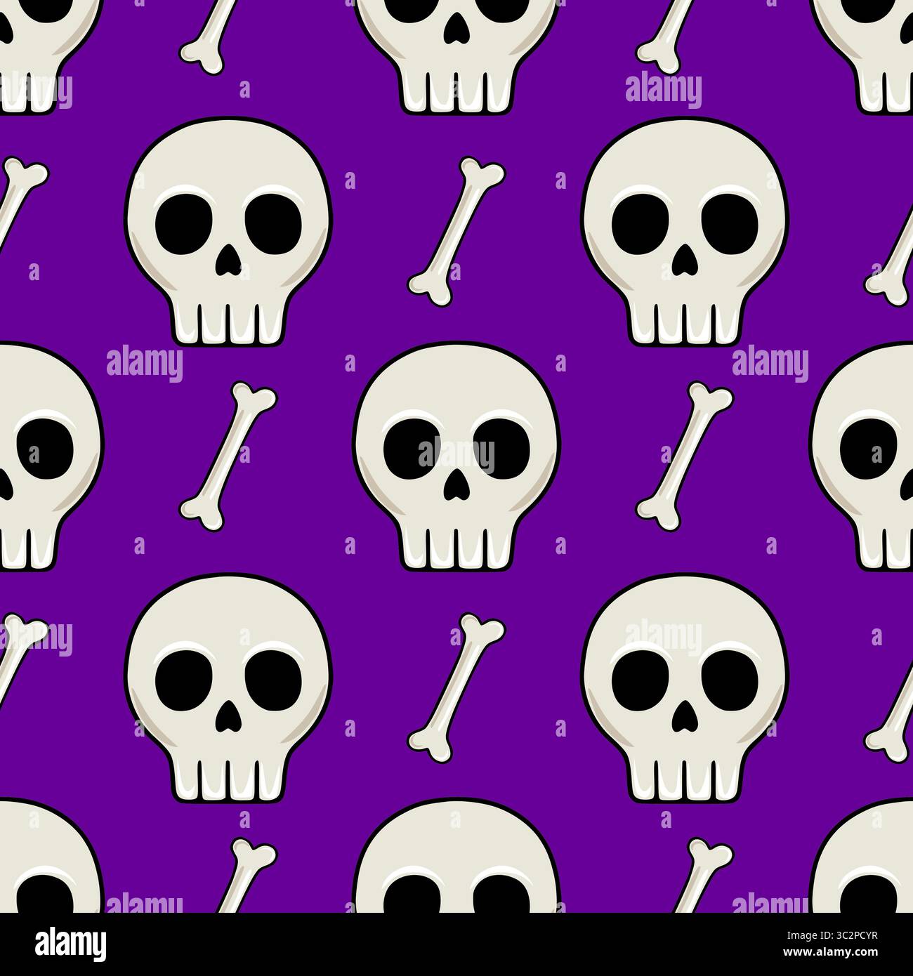 Nahtloses Vektormuster von Cartoon-Schädeln und Kreuzknochen auf einem leuchtenden lila Hintergrund, ideal für Halloween-Designs und gruselige Themenprojekte. Stock Vektor