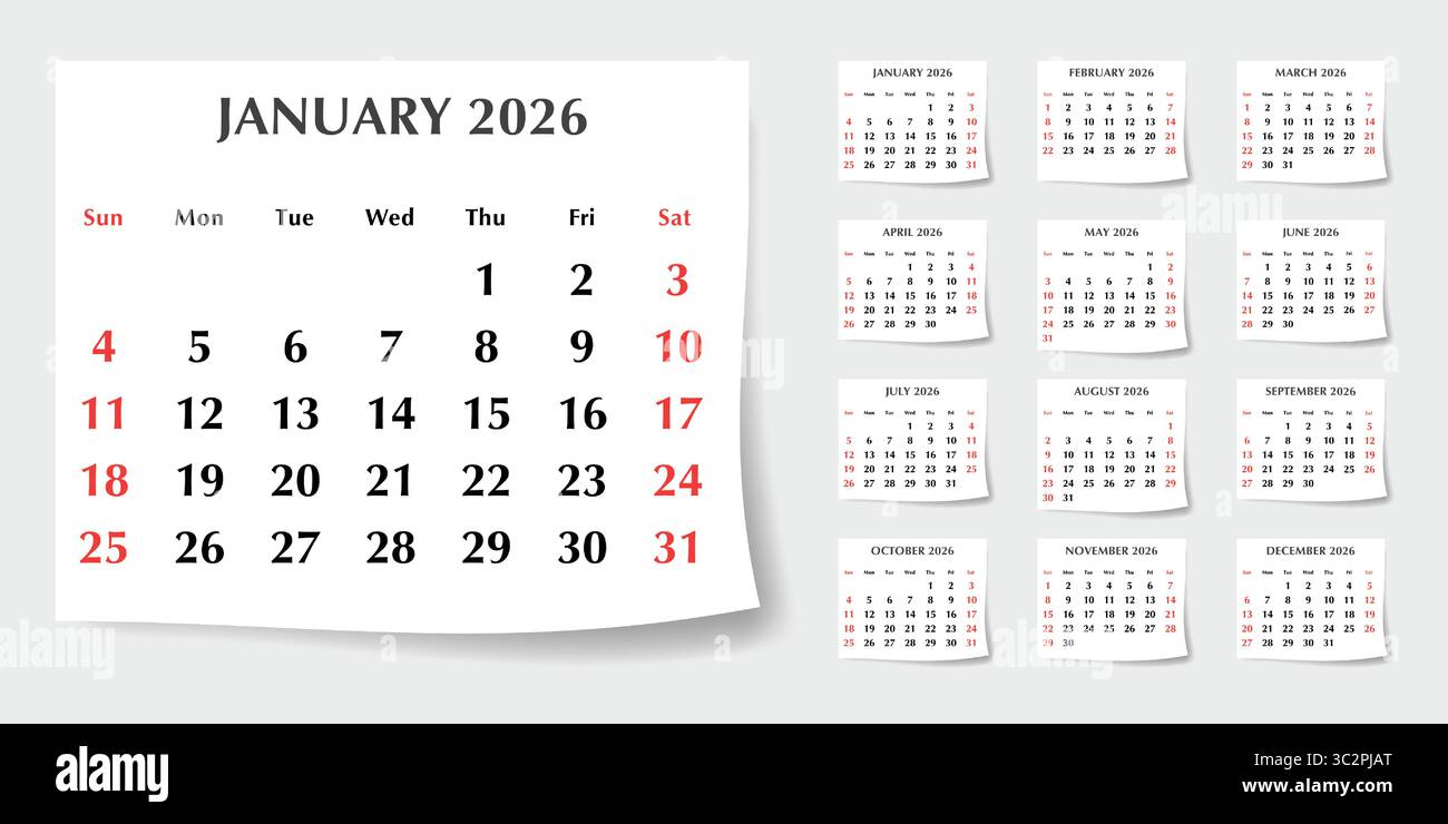 Kalenderplaner 2026. Eine Vektorsammlung englischer monatlicher Seitenkalender mit Schatten. Design mit Sonntagsstart Stock Vektor