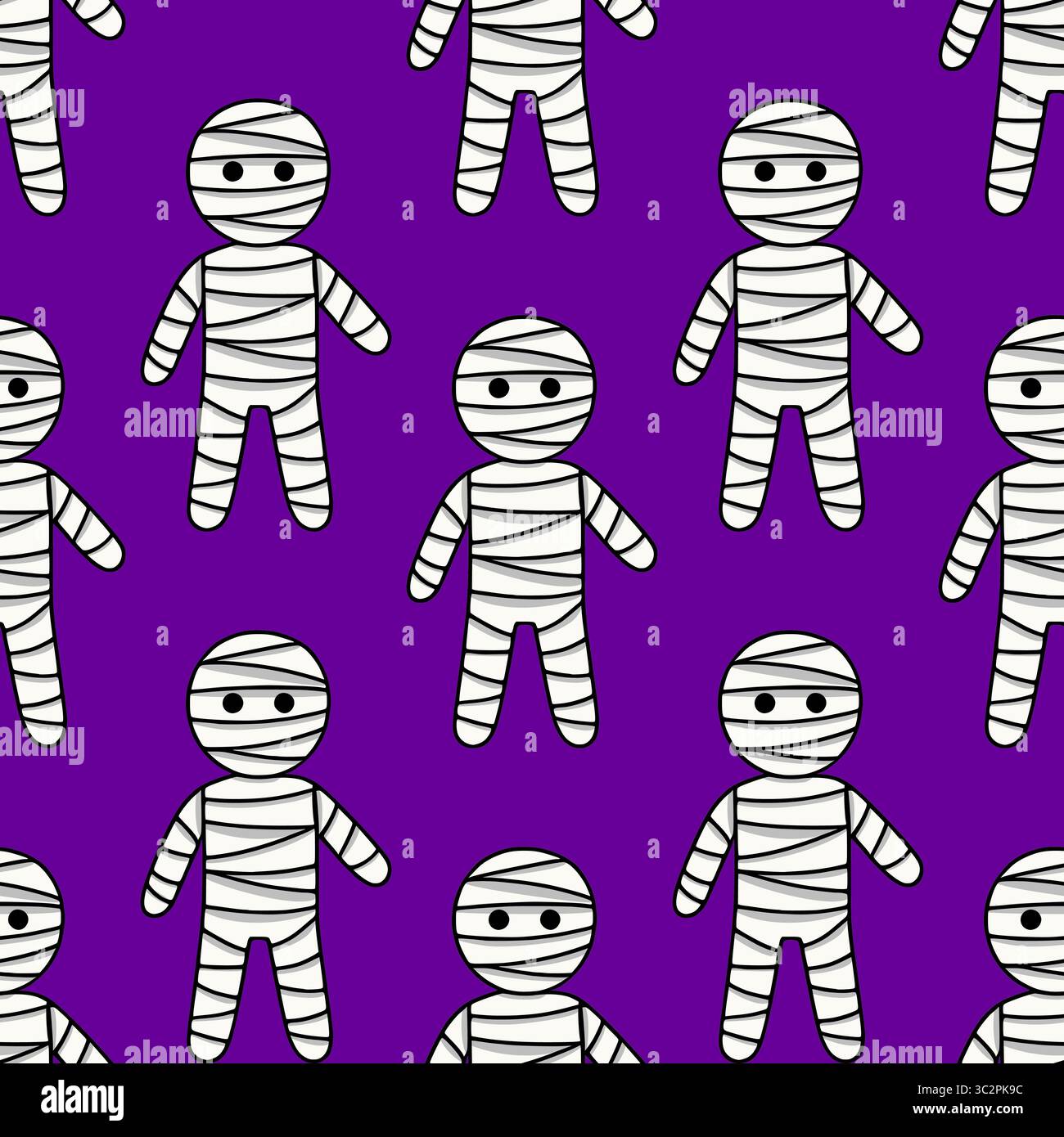 Nahtloses Vektormuster von niedlichen Cartoon Mumien in Verbandskostümen auf einem reichen lila Hintergrund, perfekt für Halloween-Motive. Stock Vektor