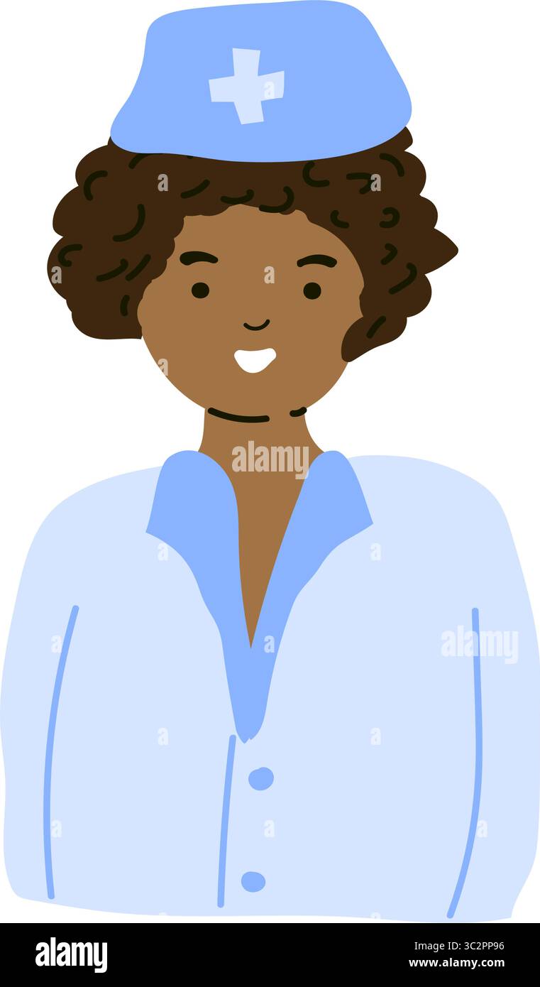 Handgezeichnete Illustration einer lockigen weiblichen Krankenschwester oder eines medizinischen Personals in Uniform mit Kreuzkappe, dargestellt von der Taille nach oben. Konzept der Gesundheitsversorgung Stock Vektor