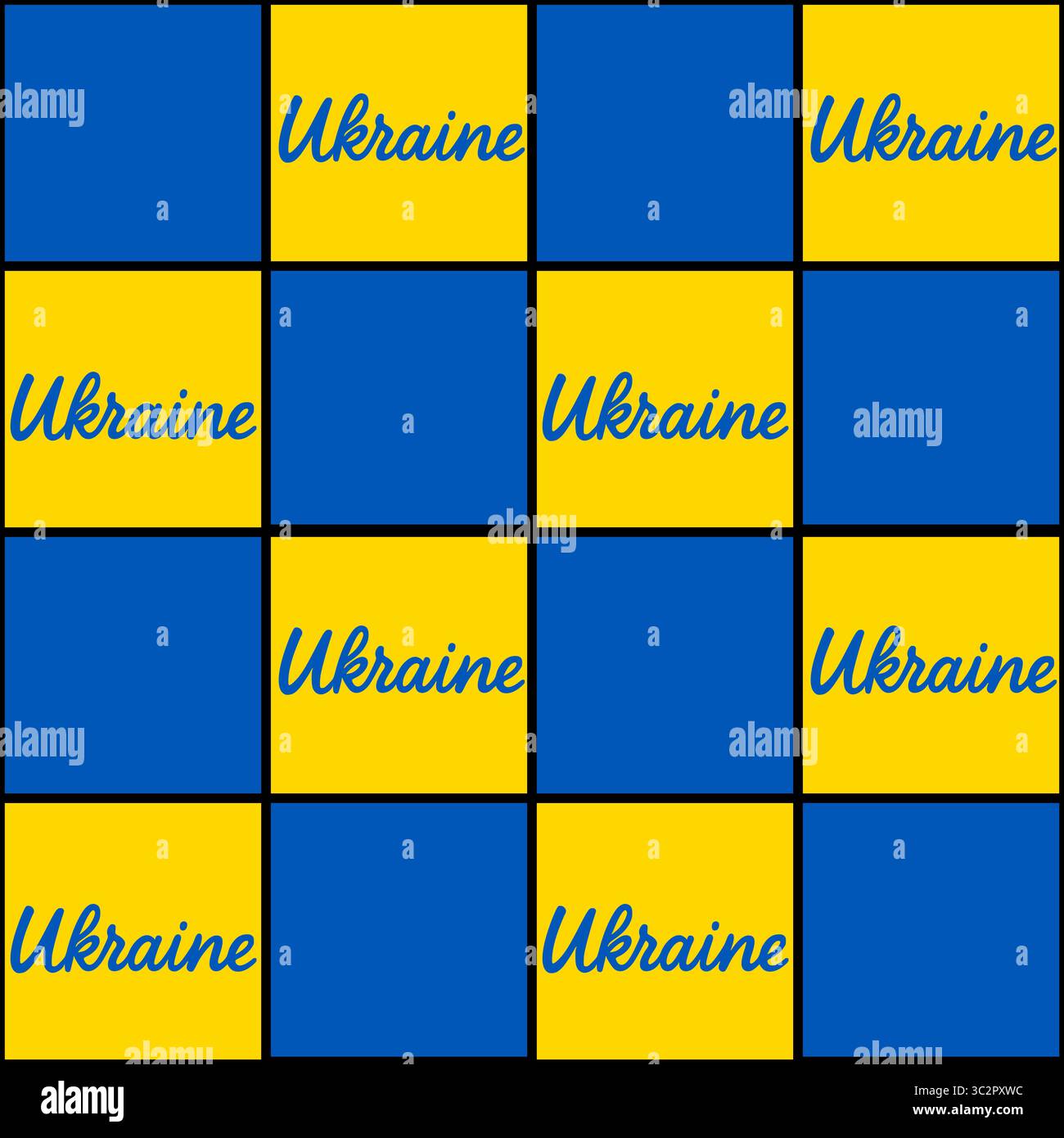 Nahtloses Vektormuster mit einem Schachbrettdesign in leuchtendem Gelb und Blau, mit dem Wort Ukraine elegant in Blau über jedem Yello geschrieben Stock Vektor