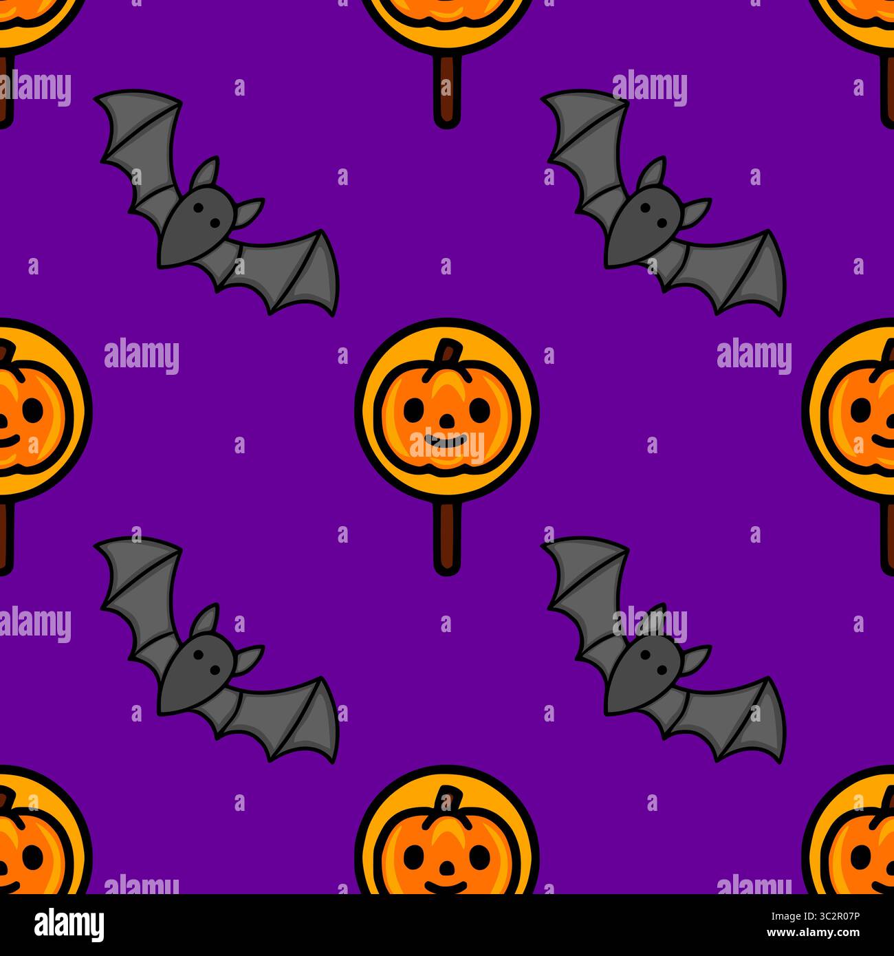 Nahtloses Vektor-Halloween-Muster mit niedlichen Zeichentrickfledermäusen und Kürbislutschen auf einem leuchtenden lila Hintergrund, ideal für festliche Designs. Stock Vektor