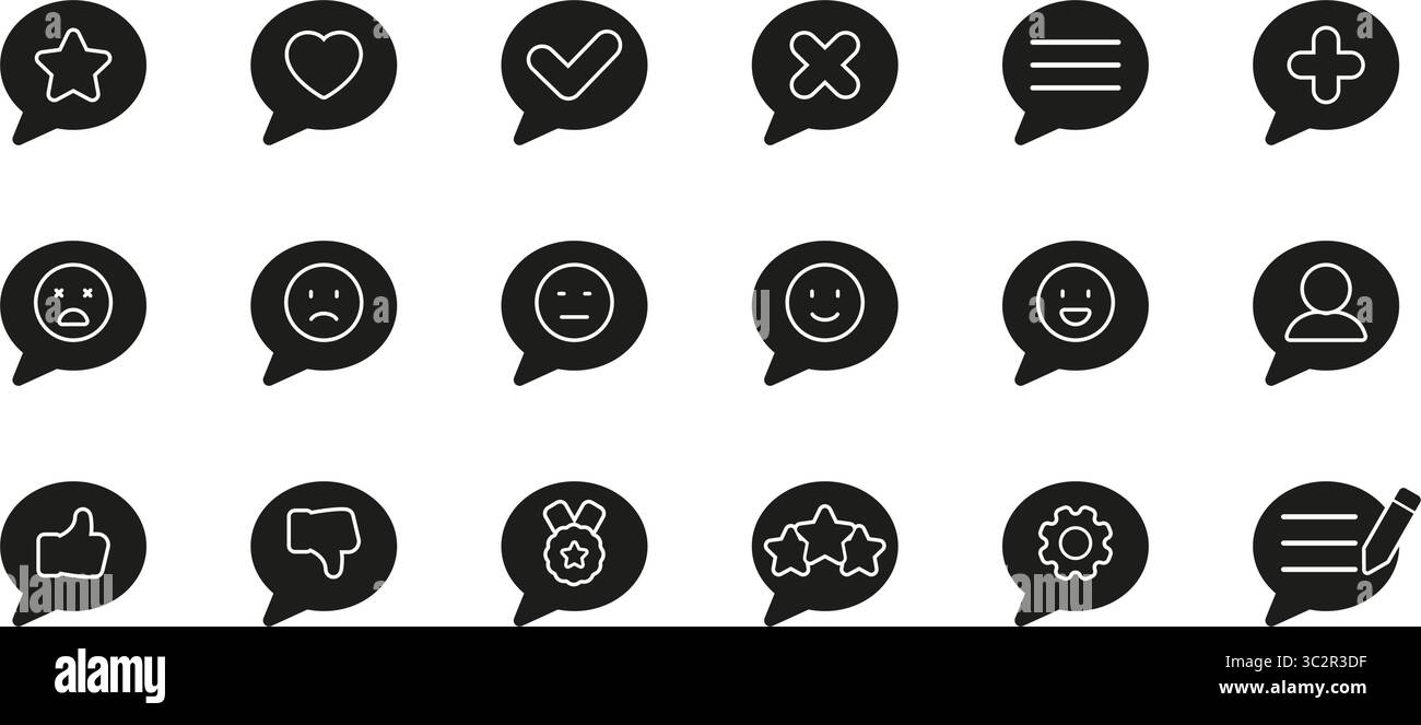 Symbolsatz Für Sprechblase Mit Verschiedenen Symbolen. Silhouettensymbole Für Kommunikation, Feedback Und Interaktion. Enthält Emoticons, Bewertungen Und Stock Vektor