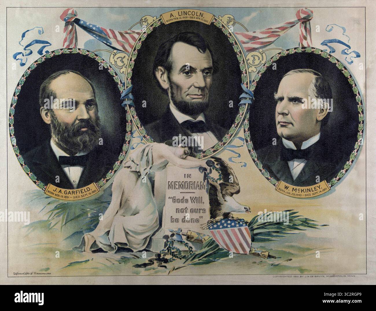 13. März 2008, USA: In memoriam, „Gods will, Not Ours Be Done“, Porträts der ermordeten US-Präsidenten James A. Garfield, Abraham Lincoln & William McKinley, Lithograph, Monasch Lith. Co., veröffentlicht von J.H. de Bruyn, 1901 (Bild: © JT Vintage/Glasshouse Via ZUMA Wire) Stockfoto