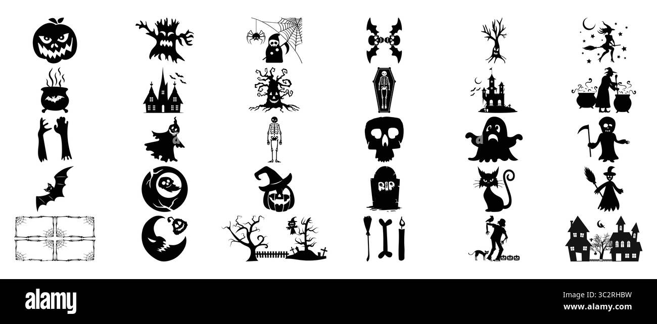 Eine Sammlung von halloween-Illustrationen in schwarzer Silhouette auf weißem Hintergrund Stock Vektor