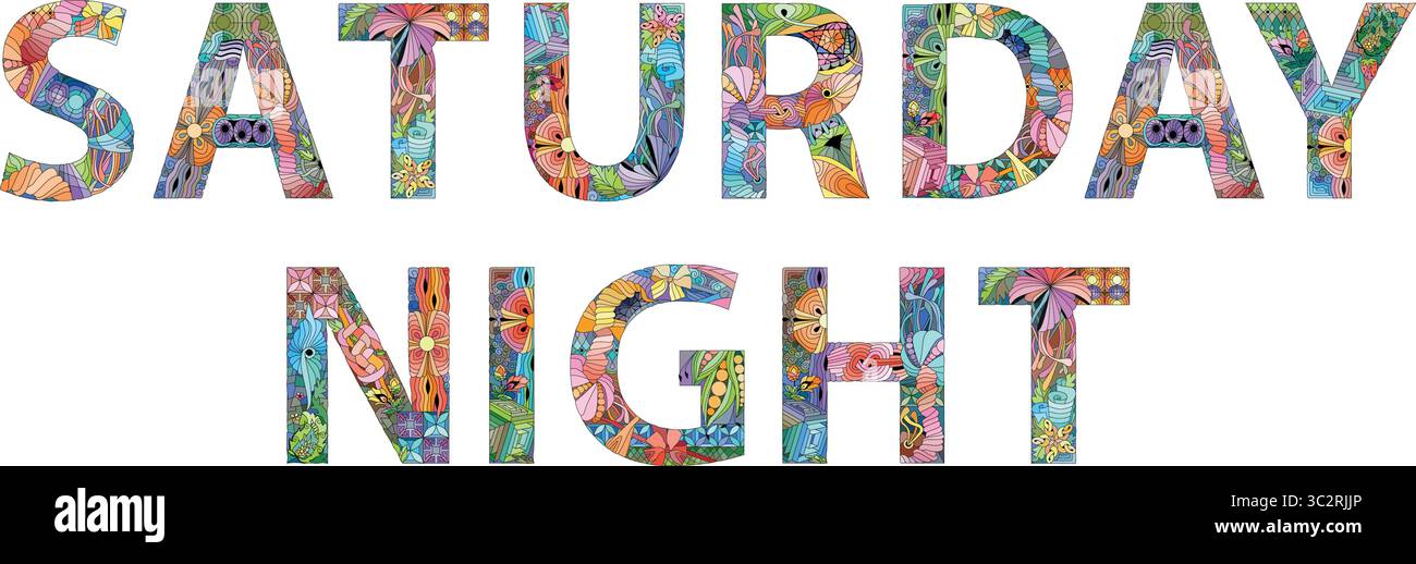 Worte SAMSTAGABEND. Handgezeichneter Schriftzug. Vektortext. Stock Vektor