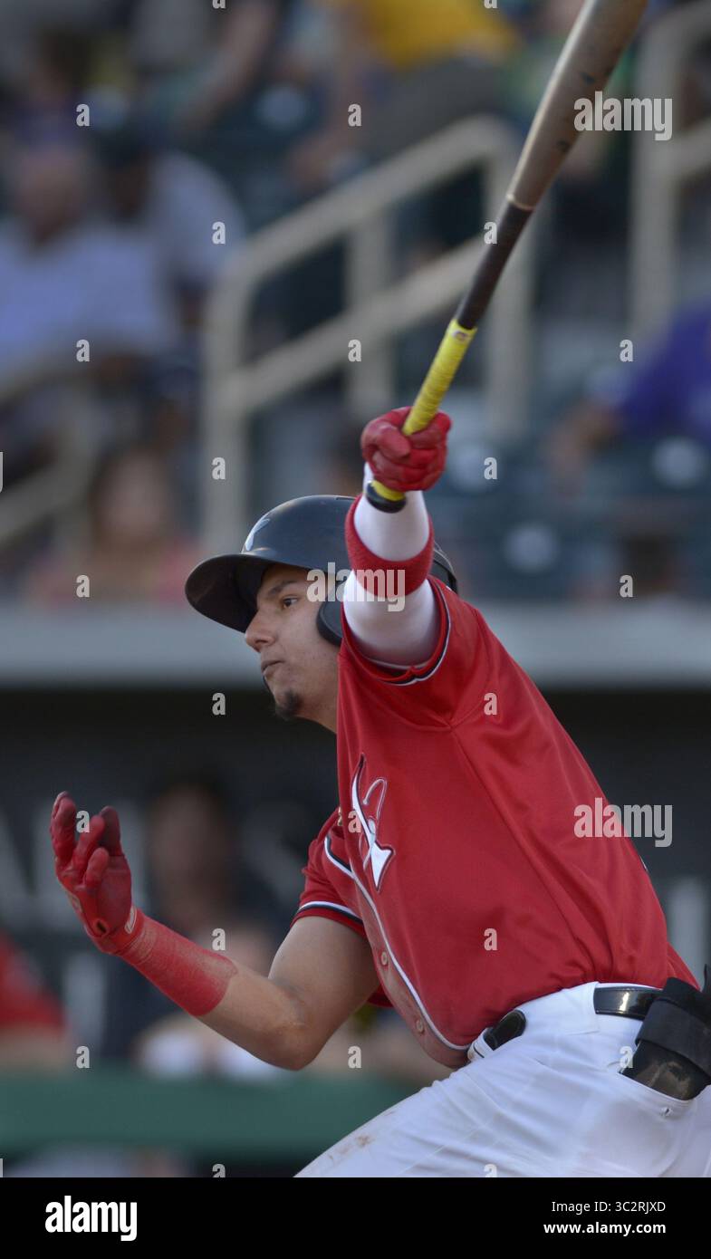 28. Juli 2019, USA: SPORTS -- Yonathan Daza der Isotope schlägt am Sonntag, 28. Juli 2019, für eine Single im dritten Inning während des Spiels gegen Salt Lake im Isotopes Park. (Bild: © Greg SORBER/Albuquerque Journal via ZUMA Wire) Stockfoto