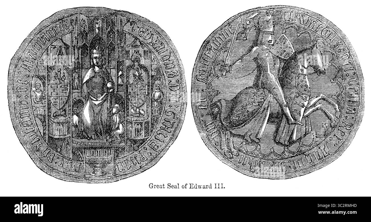 2019, United Kingdom: Great Seal of Edward III., Illustration aus John Cassell's Illustrated History of England, Vol. I von der frühesten Zeit bis zur Regierungszeit von Edward dem Vierten, Cassell, Petter und Galpin, 1857 (Credit Image: © JT Vintage/Glasshouse Via ZUMA Wire) Stockfoto
