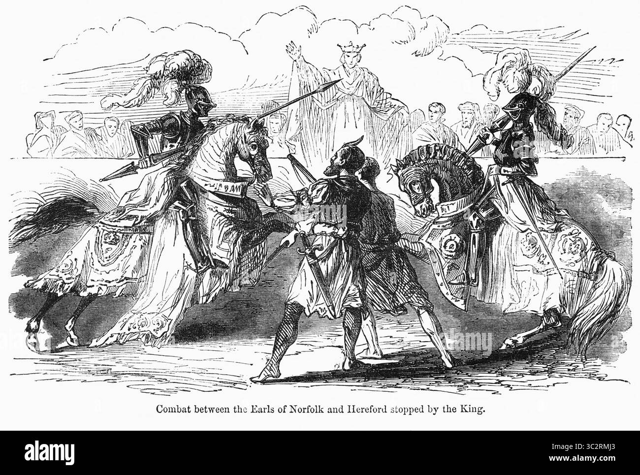 8. Januar 2019, United Kingdom: Combat between the Earls of Norfolk and Hereford Stops by the King, Illustration from John Cassell’s Illustrated History of England, Vol. I von der frühesten Zeit bis zur Regierungszeit von Edward dem Vierten, Cassell, Petter und Galpin, 1857 (Credit Image: © JT Vintage/Glasshouse Via ZUMA Wire) Stockfoto