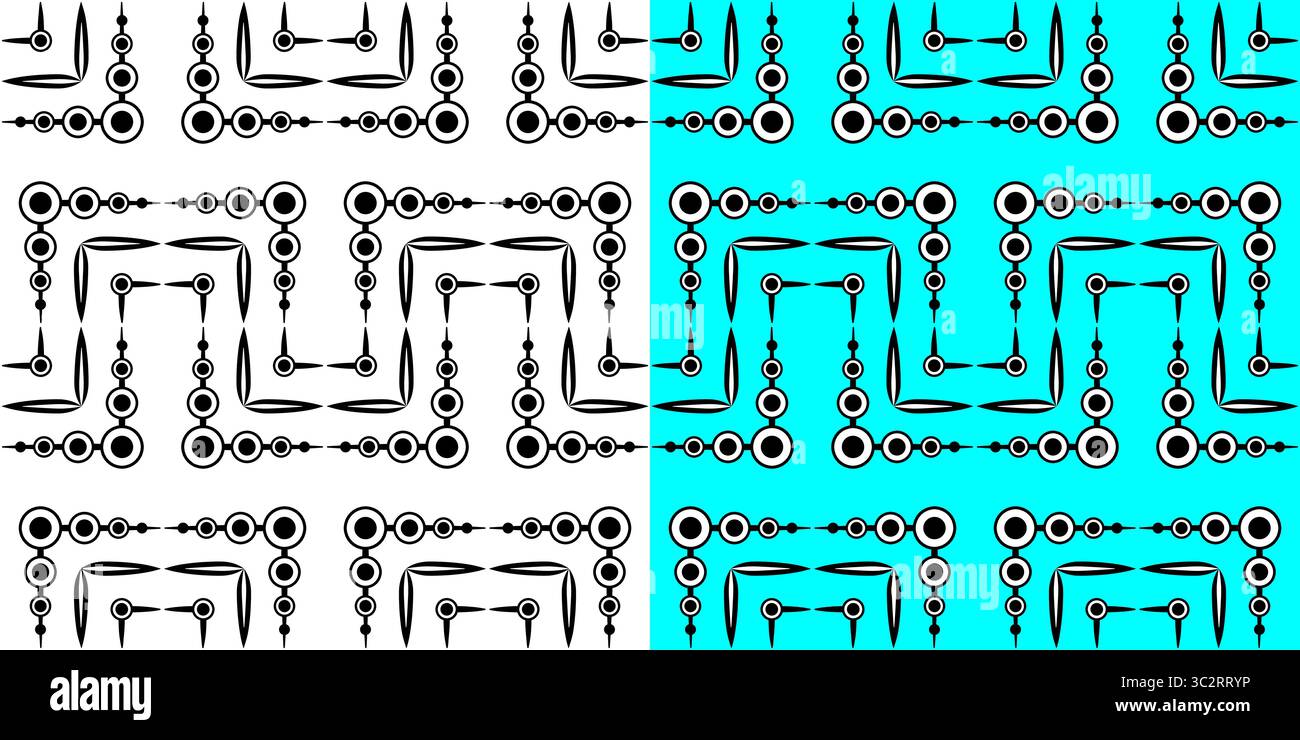 Einfarbiges abstraktes, nahtloses geometrisches Muster. Schwarzer Kreis und gekrümmte Linien. Schlangenförmiges Muster. Komplexe schwarze Zickzack-Formen auf blauem und weißem bac Stock Vektor