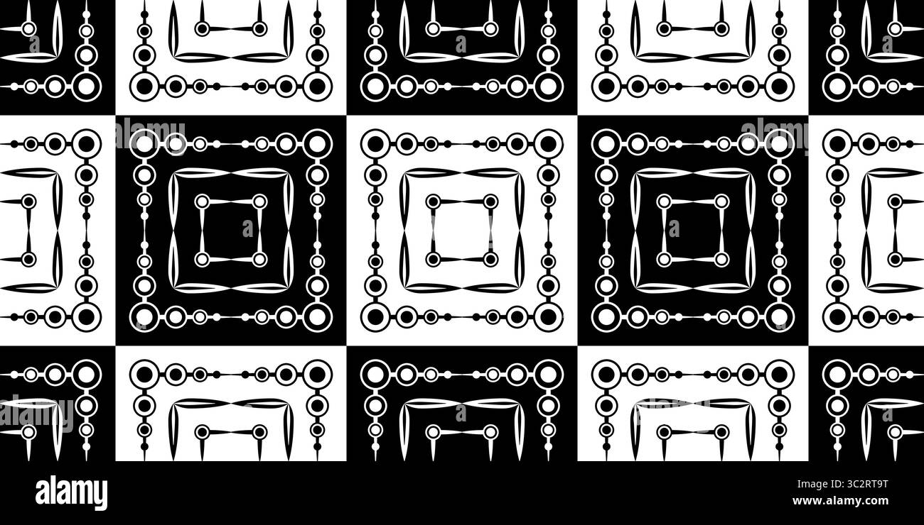 Einfarbiges, nahtloses geometrisches Muster mit Karomuster. Schwarz-weiße Quadrate mit einem Muster. Quadratische Mosaikfliesen. Komplizierte Textur Schach-Quadrat-Backgrou Stock Vektor