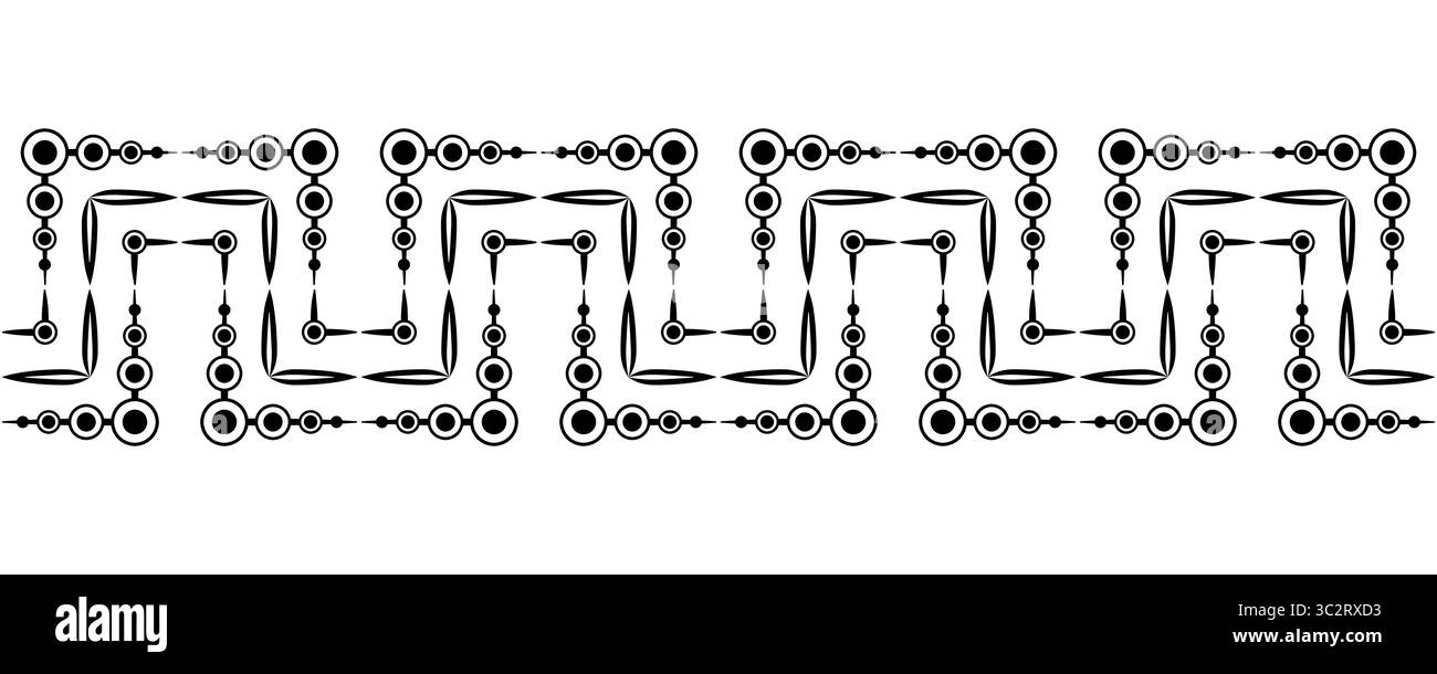 Einfarbiger abstrakter geometrischer nahtloser Rand. Schwarzer Kreis und gekrümmte Linien. Parallele und senkrechte Linien. Komplexe schwarze Zickzack-Formen auf weißem B Stock Vektor