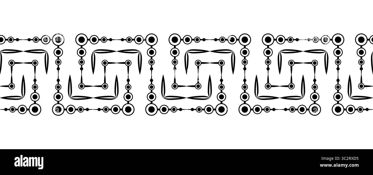 Einfarbiger, abstrakter, nahtloser Zickzack-Rand. Schwarze Kreise und parallele senkrechte Linien. Schwarze komplexe Geometrieformen auf weißem Hintergrund. Löschen Sie s Stock Vektor