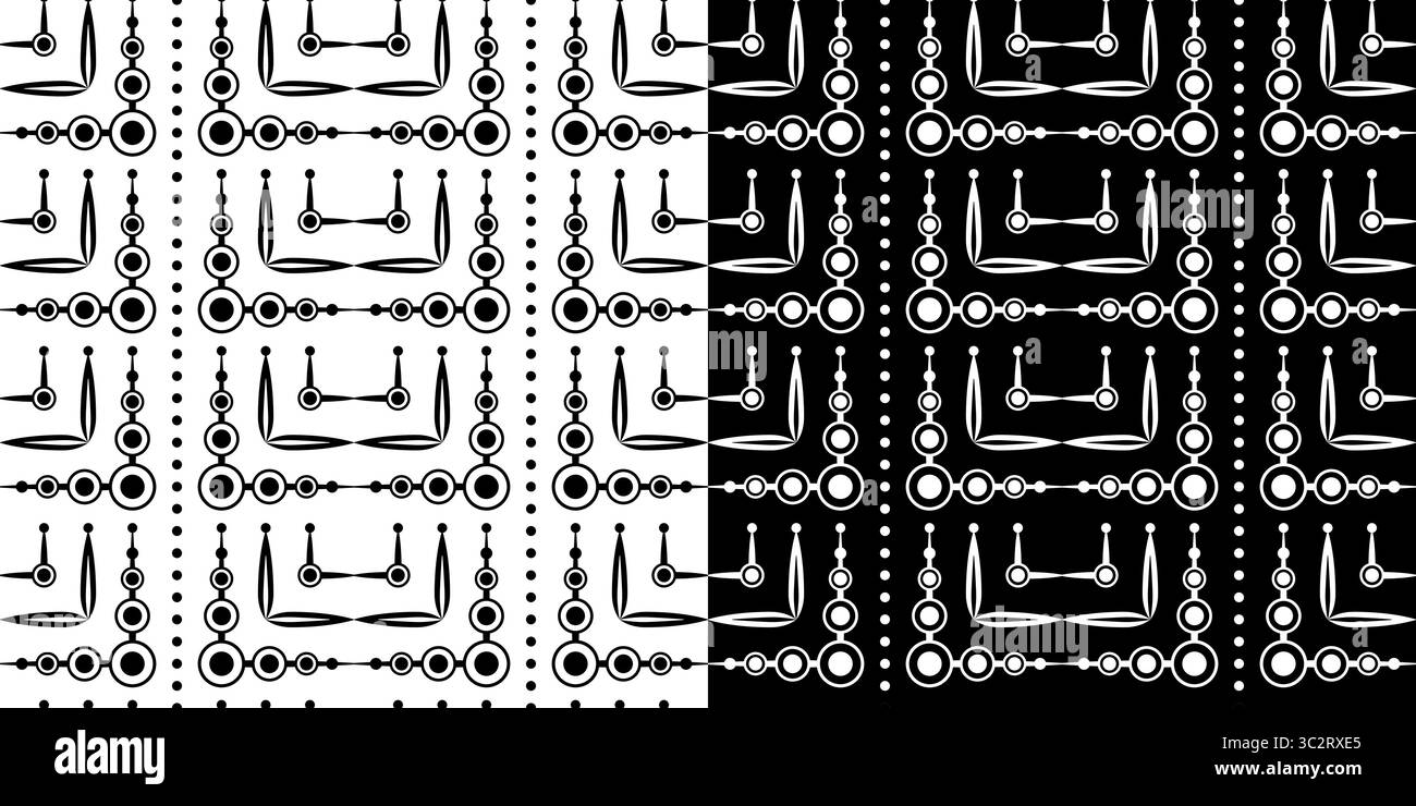 Einfarbiges abstraktes, nahtloses geometrisches Muster. Schwarzer Kreis und gekrümmte Linien. Quadratische Mosaikfliesen. Komplizierte Textur schwarz-weißer Hintergrund. Cle Stock Vektor