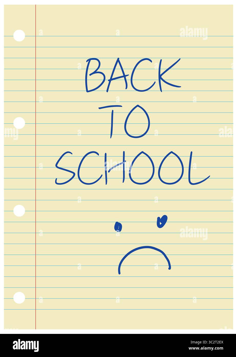 Back-to-School-Illustration mit einem traurigen Smiley-Symbol, das in Handschrift mit blauem Bleistift auf gelb gestrichenem Papier geschrieben wurde. Stockfoto