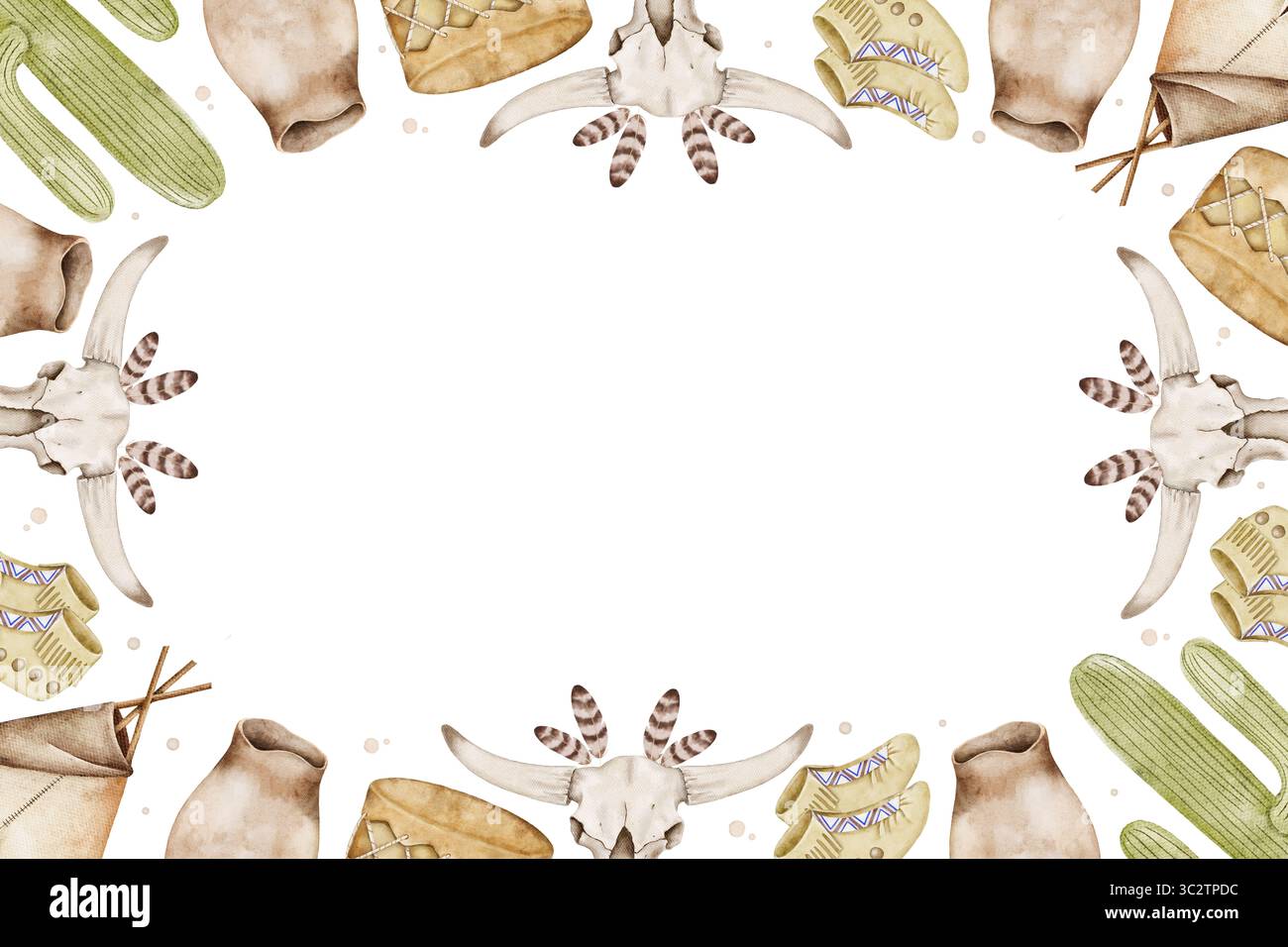 Aquarellrahmen mit Elementen der amerikanischen Ureinwohner, darunter Schädel, Trommeln, Mokassins und Kakteen. Weißer Hintergrund. Perfekt für Einladungen, Karten, Poster Stockfoto