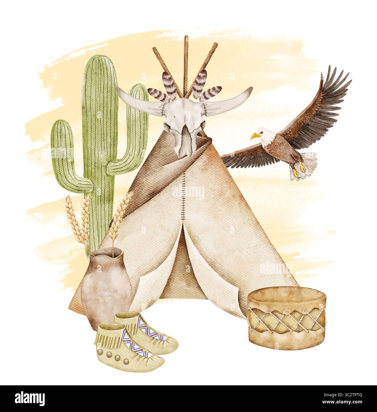 Aquarellkomposition mit Tipi, Bisonschädel, Adler, Kakteen, Trommel, und Perlen auf weißem Hintergrund. Perfekt für Poster, Verpackungen, Ausdrucke und Boho Stockfoto