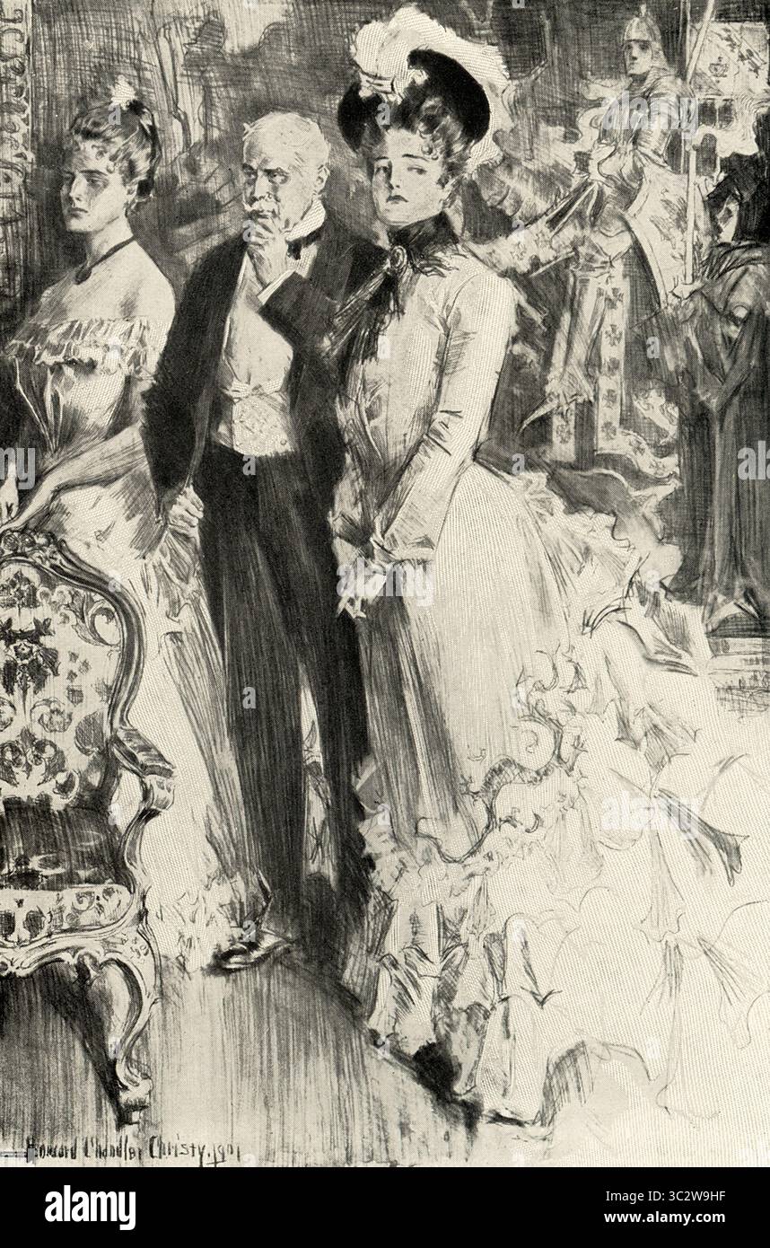 Die Bildunterschrift von 1901 lautet: „Der Nereid in meergrünen Gewändern... war Gwendolen Harleth.“ Gwendolen Harleth, später Gwendolen Grandcourt, ist eine zentrale Figur in George Eliots Roman Daniel Deronda aus dem Jahr 1876. Sie fungiert als Folie zu Mirah Lapidoth. Mary Ann Evans, bekannt unter ihrem Pseudonym George Eliot, war eine englische Schriftstellerin, Dichterin, Journalistin, Übersetzerin und eine der führenden Schriftsteller der viktorianischen Ära. Sie starb 1880. Stockfoto