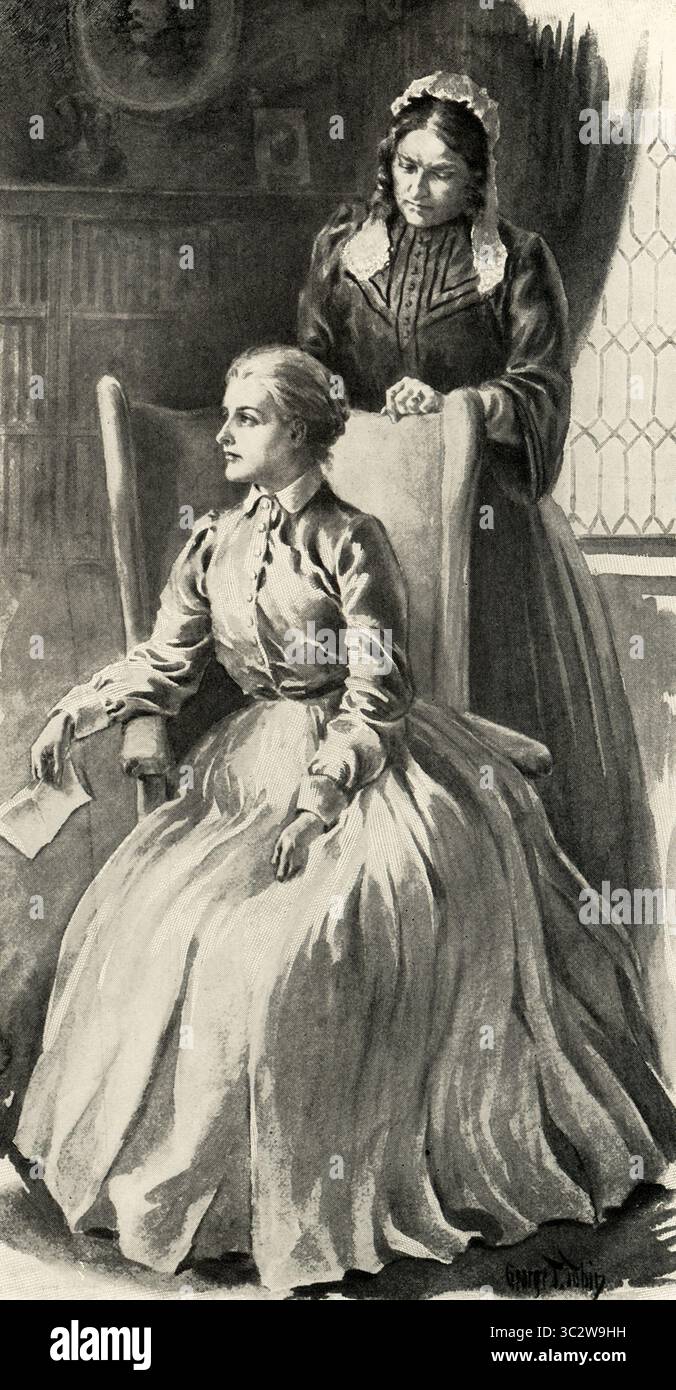 Die Bildunterschrift von 1901 lautet: „Also saß sie mit ihren Augen auf dem offenen Fenster - Lily Dale und Mamma.“ Die Passage stammt aus Anthony Trollopes Lily Dale, dessen Handlung sich auf Lily Dales Liebe zum sozialen Kletterer Adolphus Crosbie und Johnny Eames unerwiderte Liebe zu Lily Dale konzentriert. Der Roman trägt den Titel The Small House at Allington. Anthony Trollope (* 1882) war ein englischer Schriftsteller und Beamter der viktorianischen Ära. Stockfoto