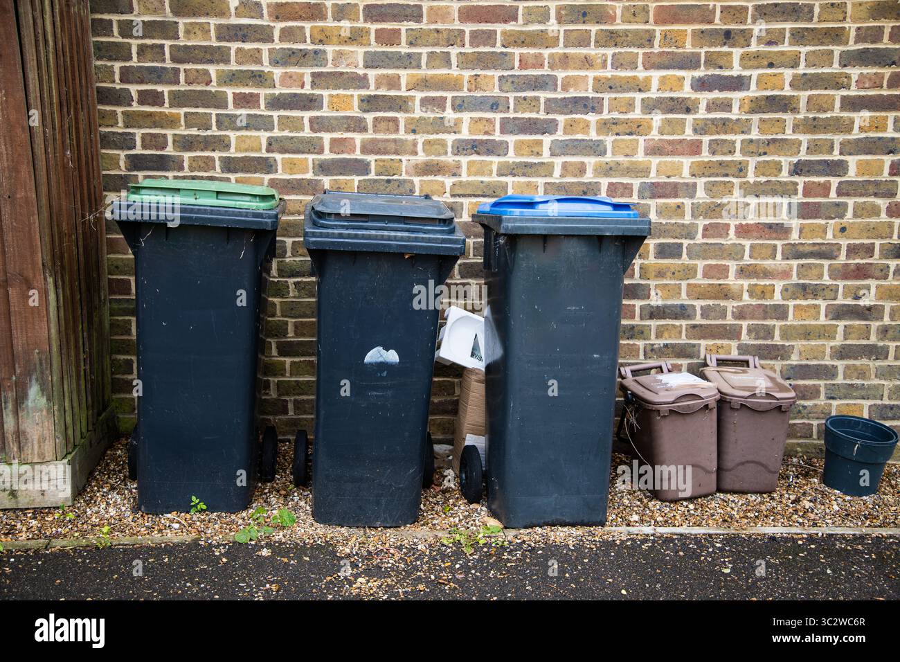 Reihe von Mülltonnen für Haushaltsabfälle in Großbritannien: Grün für Gartenabfälle, schwarz für allgemeinen Abfall, blau für Recycling und zwei kleine braune Lebensmittelabfallbehälter in Reihe A Stockfoto