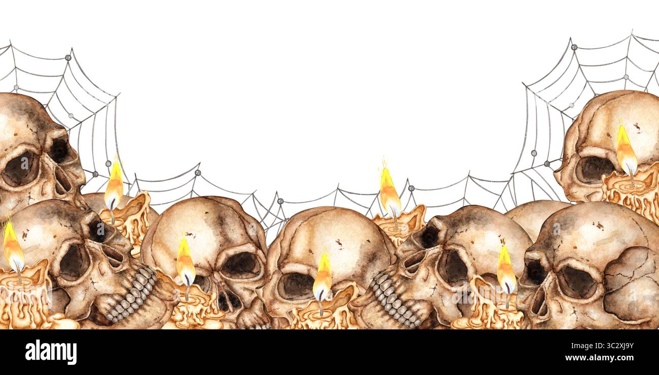 Menschliche Schädel, Spinne und Kerzenboden, rechteckiger Rahmen. Aquarell-Gothic-Illustration. Geeignet für Halloween, Day of the Dead, gruselige Drucke, Te Stockfoto