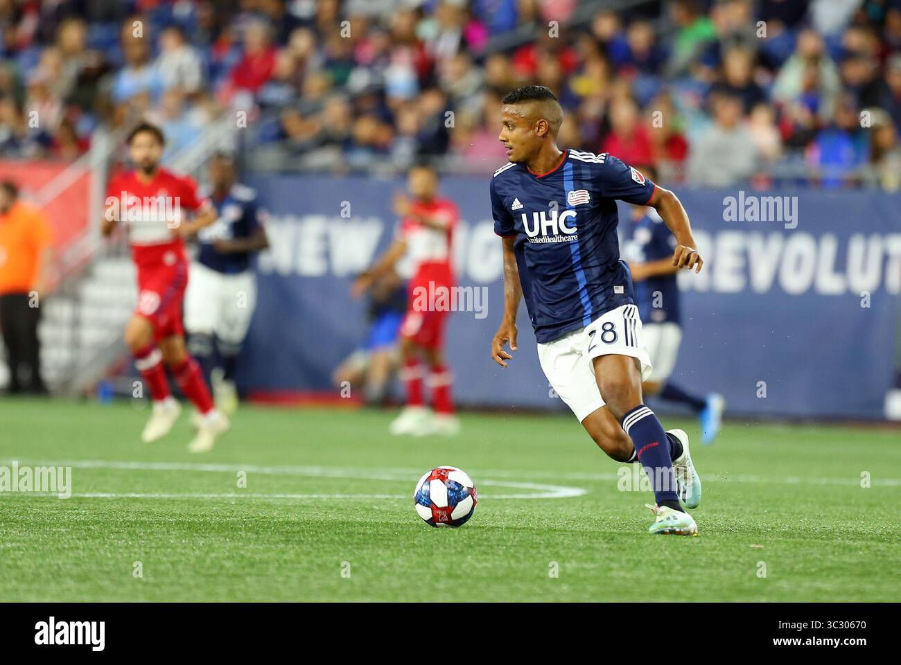 August 2019; Foxborough, MA, USA; Michael Mancienne (28), Verteidiger der New England Revolution, spielt bei einem MLS-Spiel zwischen Chicago Fire und New England Revolution im Gillette Stadium. Anthony Nesmith/CSM(Credit Image: &Copy; Anthony Nesmith/CSM via ZUMA Wire) Stockfoto