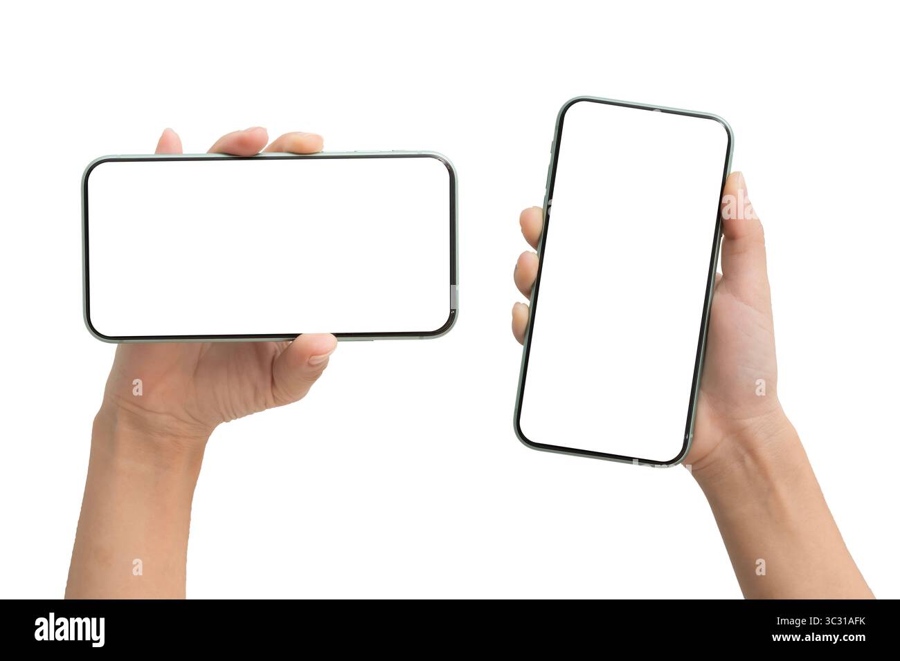 Zwei Hände halten Smartphones mit leeren Bildschirmen in vertikaler und horizontaler Ausrichtung auf weißem Hintergrund, ideal für UI-Modelle, mobile App vorhanden Stockfoto