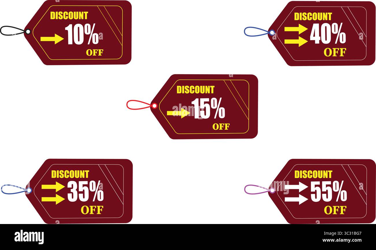 Großer Rabatt Verkauf Tag Vektor-Set mit 10 bis 55 Prozent Rabatt auf Etikett für E-Commerce-Promo und Flash-Angebot Stock Vektor