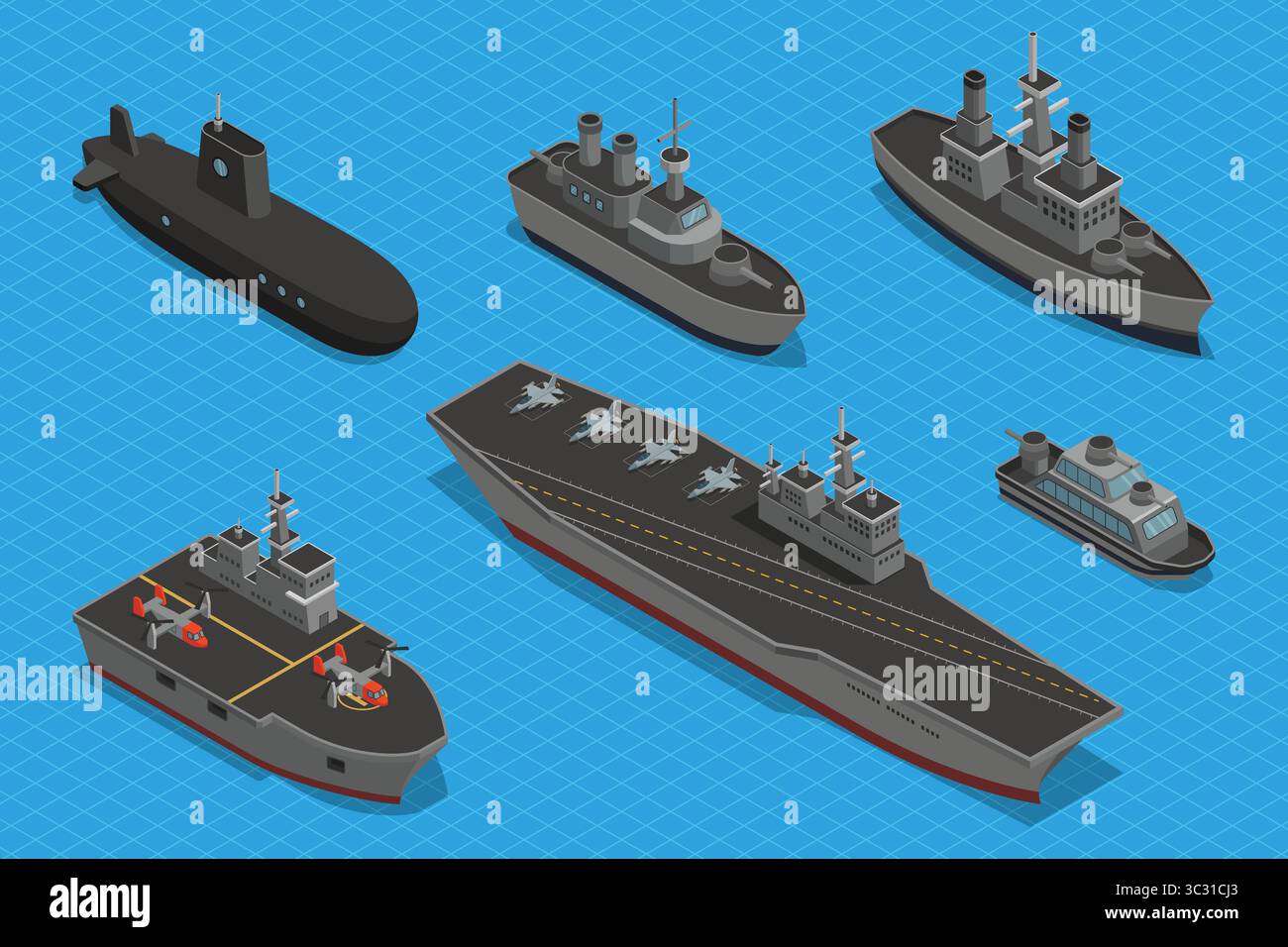 Eine Vektorillustration der Isometrie verschiedener Schlachtschiffe Stock Vektor