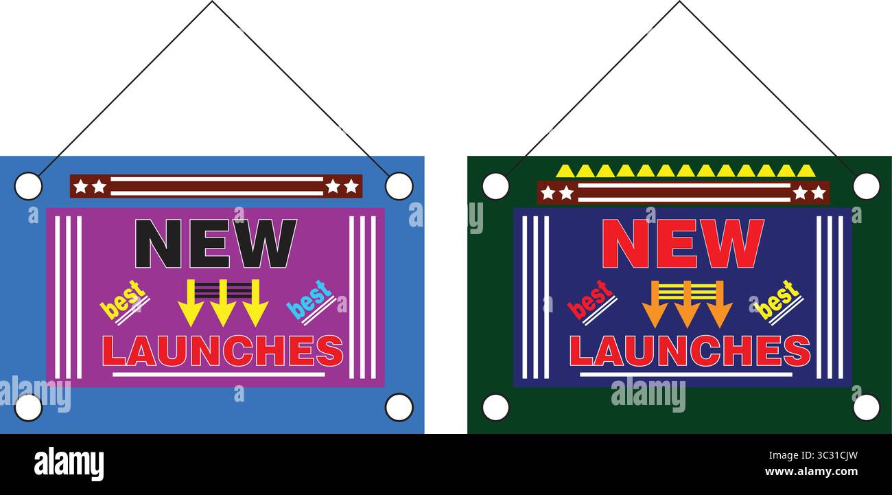 Neu präsentiert Vektor-Schild-Label in hellblau und grün für Store-Updates und Online-Shopping Stock Vektor