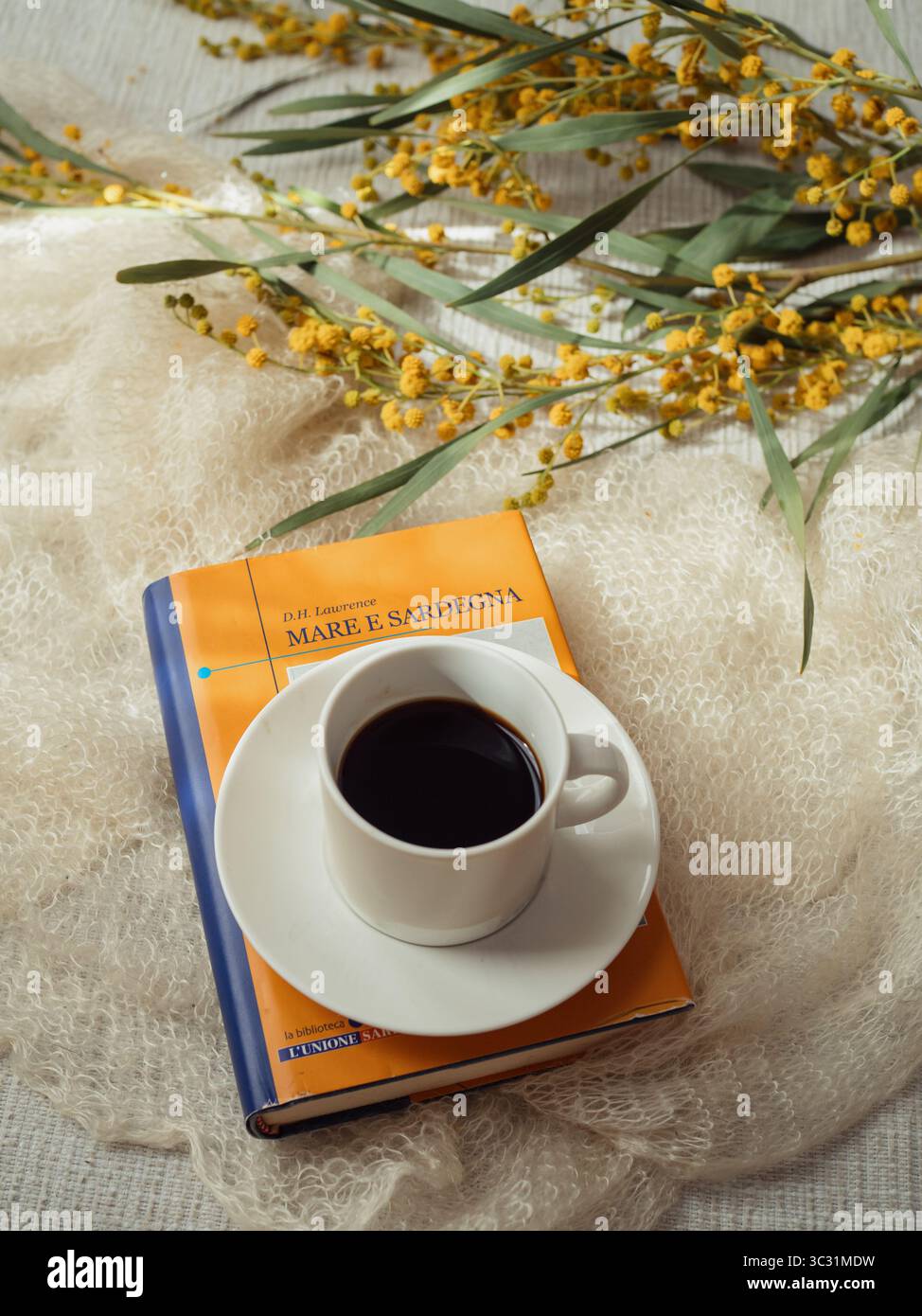 Italienische Ausgabe des Romans „Meer und Sardinien“ („Mare e Sardegna“) von D.H. Lawrence mit Mimosa und Kaffee auf weißem Kaschmirschal – vertikale Nahaufnahme, ol Stockfoto