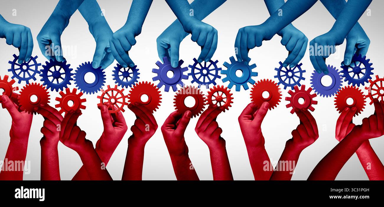 Zwei Unternehmensgruppen, die als Konzept für die Zusammenarbeit im Team zusammenarbeiten und die Idee der Verbundenheit oder Teamarbeit als geschäftliche Metapher für den Beitritt zu einem Partner Stockfoto