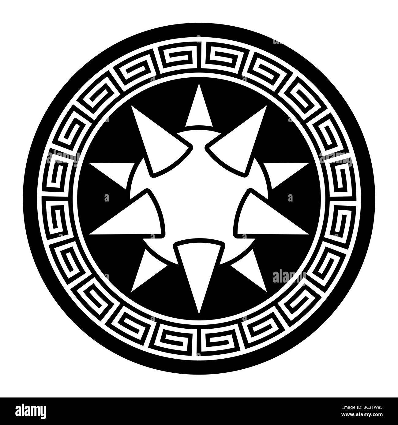 Morgenstern, umgeben von einer Band mit Mäandermuster. Kugel mit Stacheln, gesichert und sicher von einem kreisförmigen Rahmen eingeschlossen. Stockfoto