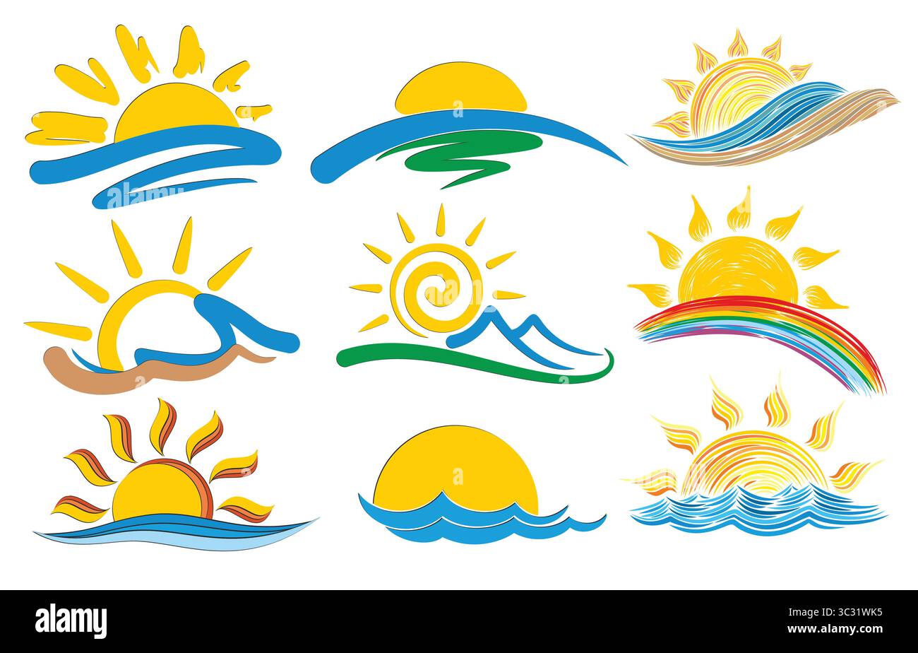 Sonnenaufgang Logos im Meer. Stock Vektor