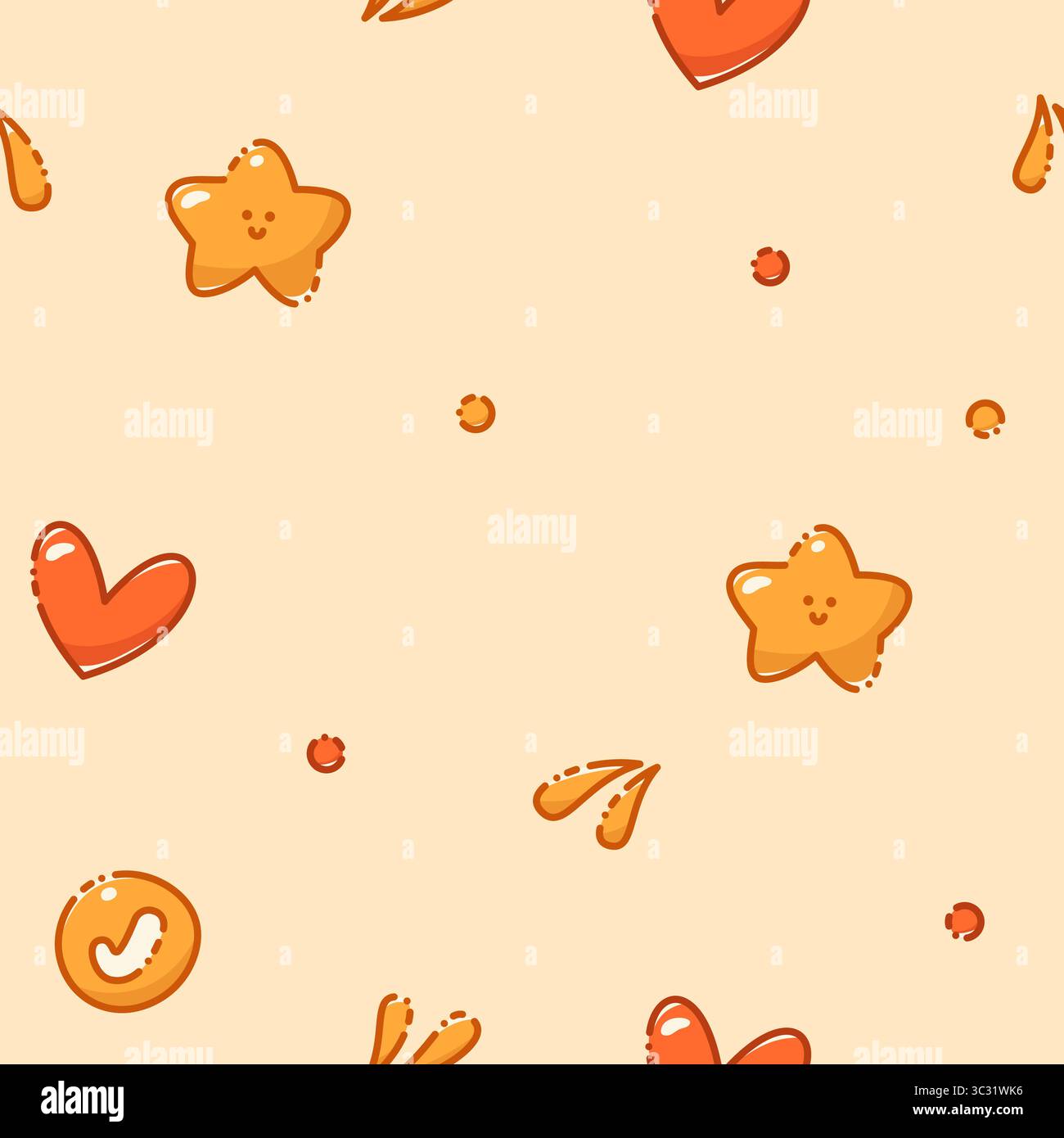 Nahtloses Kawaii-Muster mit Häkchen, Herzen und Sternen in Pastellfarben. Stock Vektor