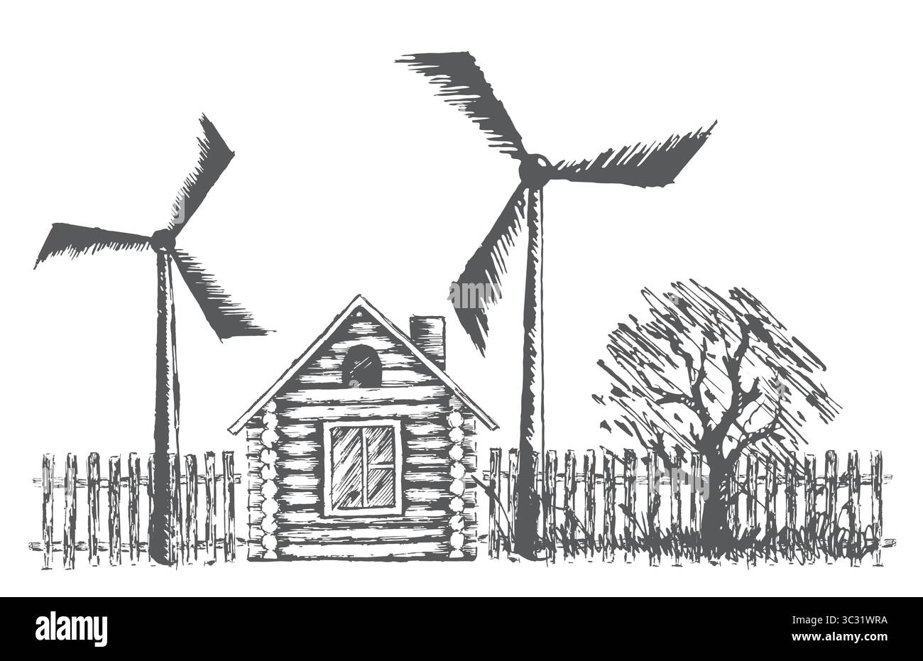 Zeichnung von Landhaus mit Garten und Windkraftanlagen. Stock Vektor