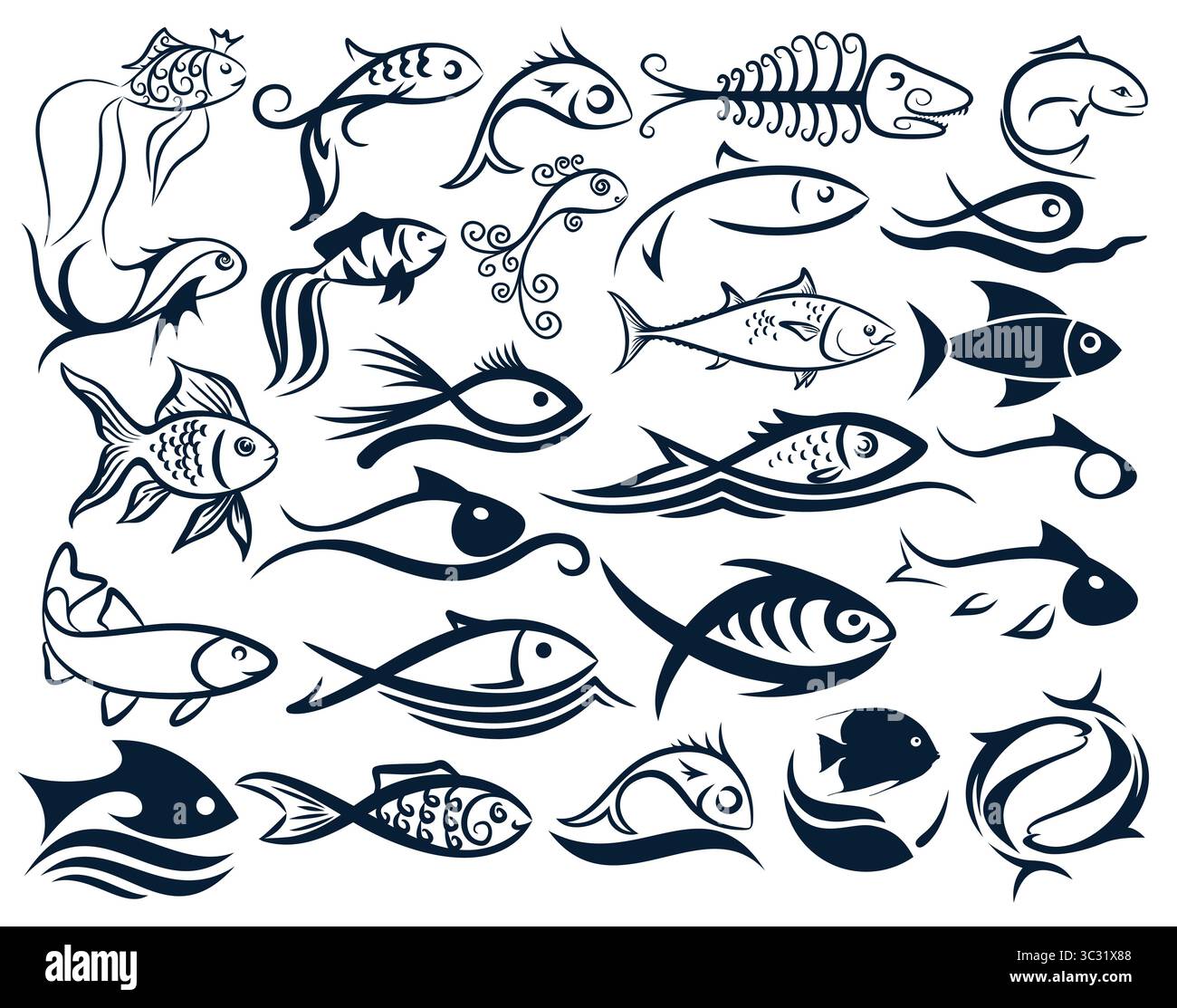 Eine Reihe von Logos Fisch in verschiedenen Stilen. Stock Vektor