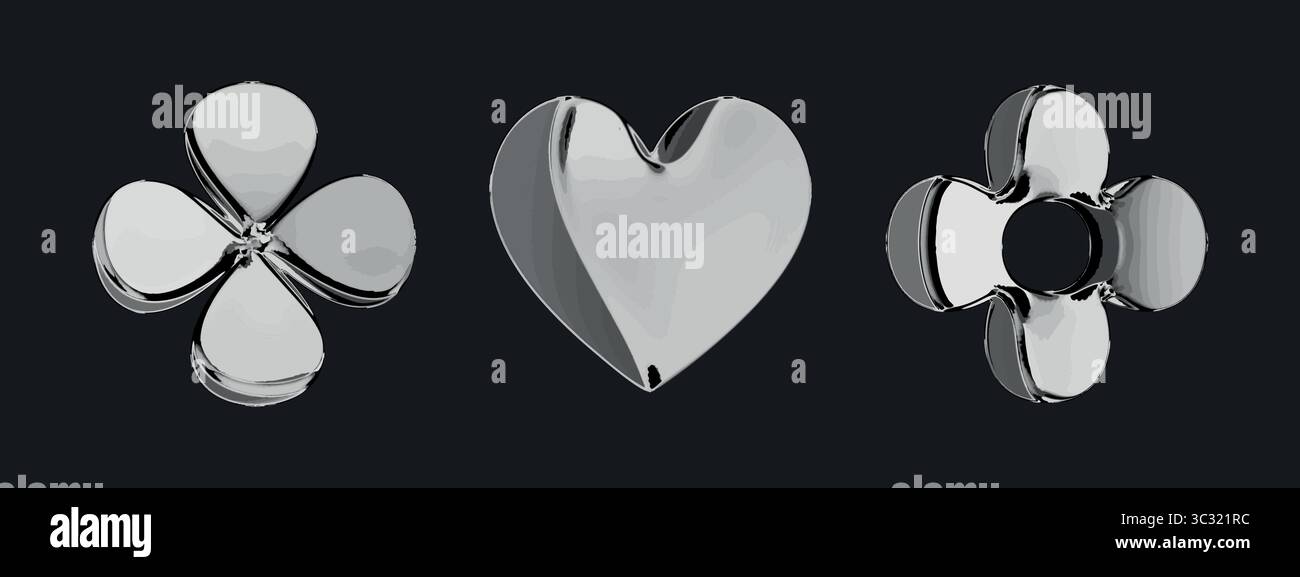 3D y2k-Symbole aus verchromtem Metall mit Blumen- und Herzmotiven in abstrakten, glänzenden Formen. Diese glänzenden silbernen Elemente sind perfekt für futuristisches und glattes Rendering Stock Vektor