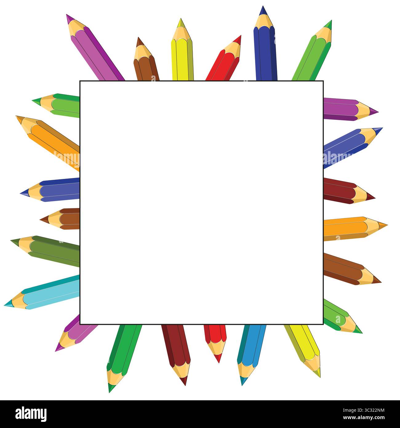 Ein quadratischer Rahmen aus Buntstiften. Stock Vektor