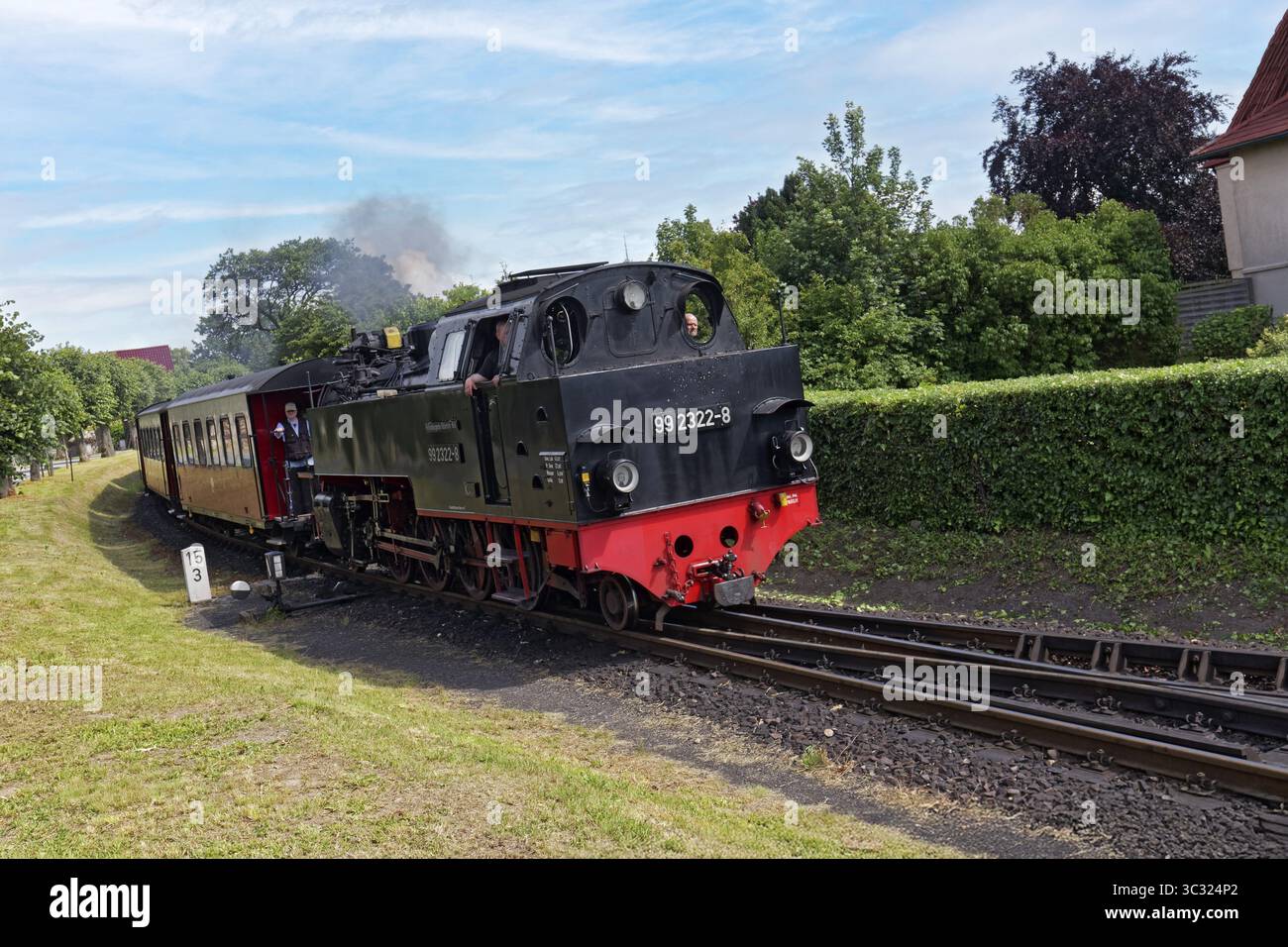 Molli-Dampflokomotive auf der Strecke, Mecklenburgische Baederbahn, Ostseebad Kühlungsborn, Ostsee, Mecklenburg-Vorpommern, Deutschland Stockfoto