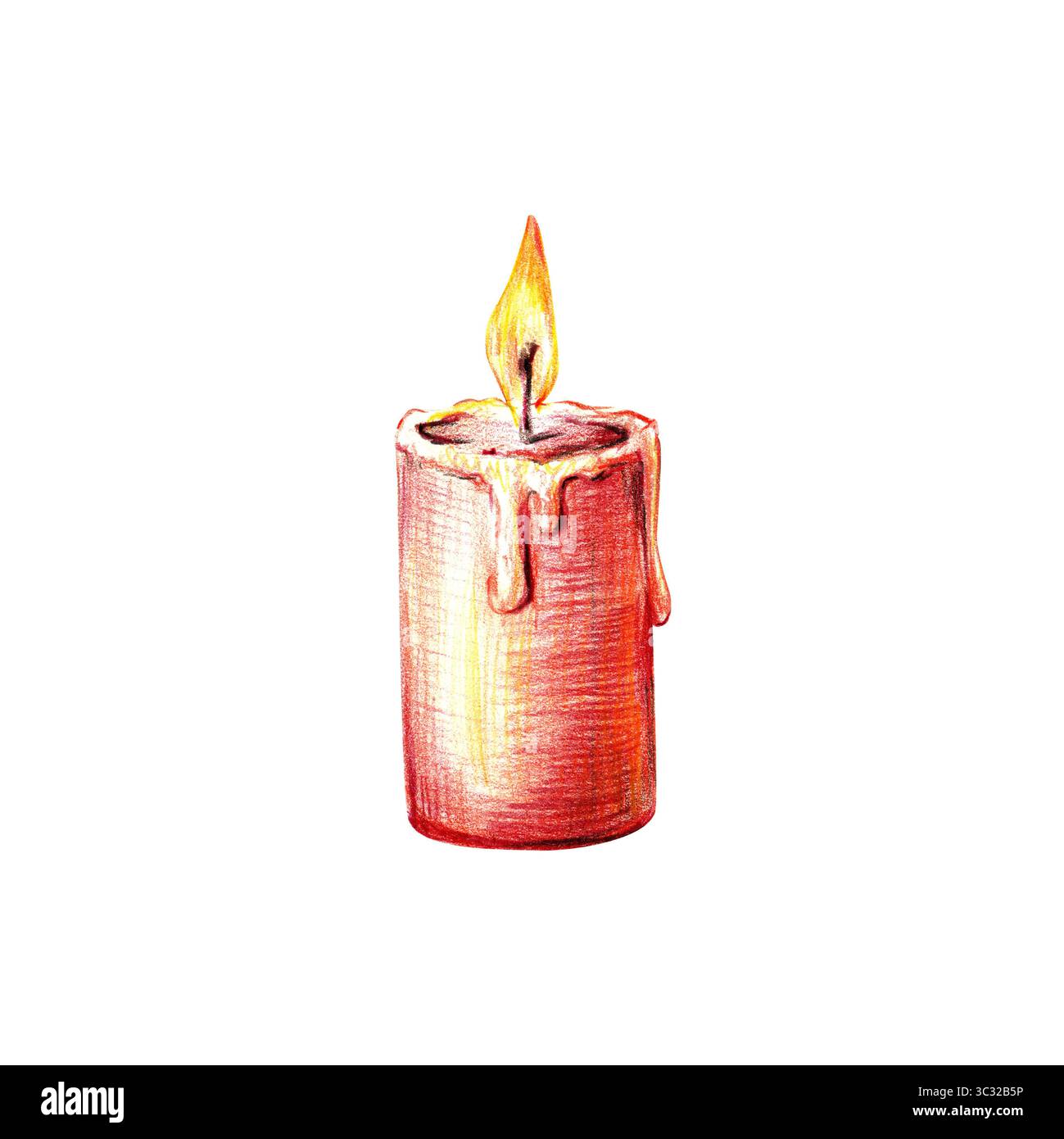 Rot brennende Kerze. Farbige Bleistiftabbildung isoliert für Design und Dekoration von Verpackungen, Druckerzeugnissen und Textilien. Stockfoto