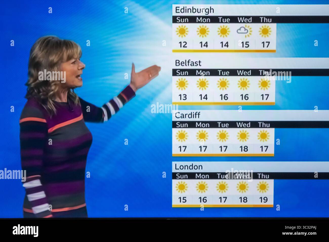 England, London, National TV Weather Forecast zeigt bevorstehende Sonnentage für große englische Städte Stockfoto