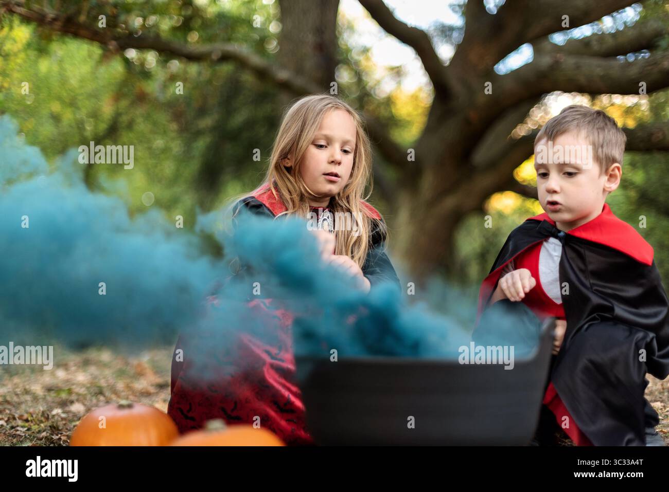 Kinder in Halloween-Kostümen sitzen um einen Kessel mit blauem Rauch. Stockfoto